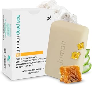 JUMAN Dead Sea Minerals Salt Soap for Acne and Dark Spots | Infused with Honey & Aloe Vera Gel Extract | Vitamin E | Moisturizing Soap Bar for Face and Body | 4oz (Pack of 1)