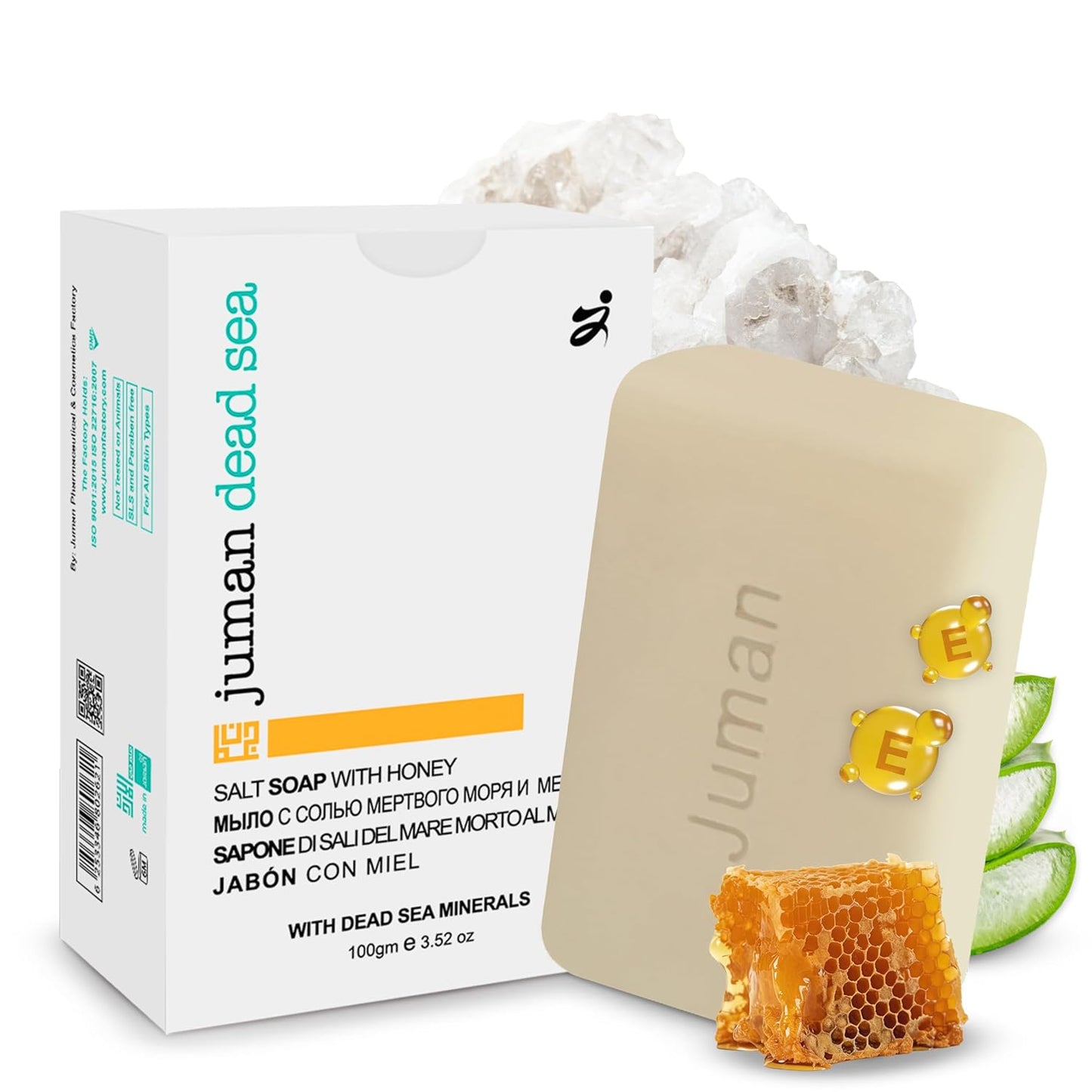 JUMAN Dead Sea Minerals Salt Soap for Acne and Dark Spots | Infused with Honey & Aloe Vera Gel Extract | Vitamin E | Moisturizing Soap Bar for Face and Body | 4oz (Pack of 1)