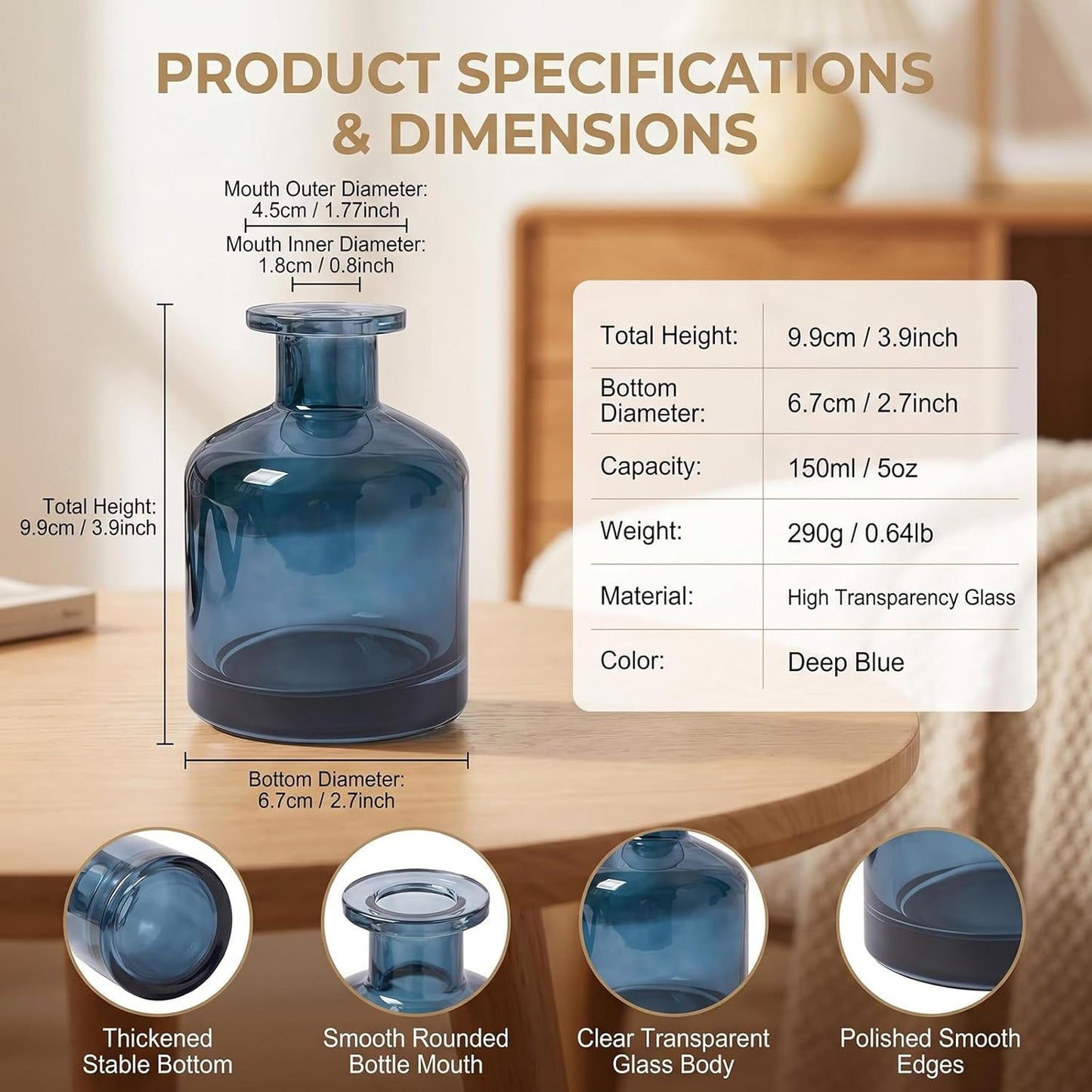 1PCS 150ml/5oz Empty Refillable Glass Diffuser Bottle Diffuser Jars Aromatherapy Storage Container Fragrance Accessories Use for DIY Replacement Reed Diffuser Sticks Crafts Decor (Blue)