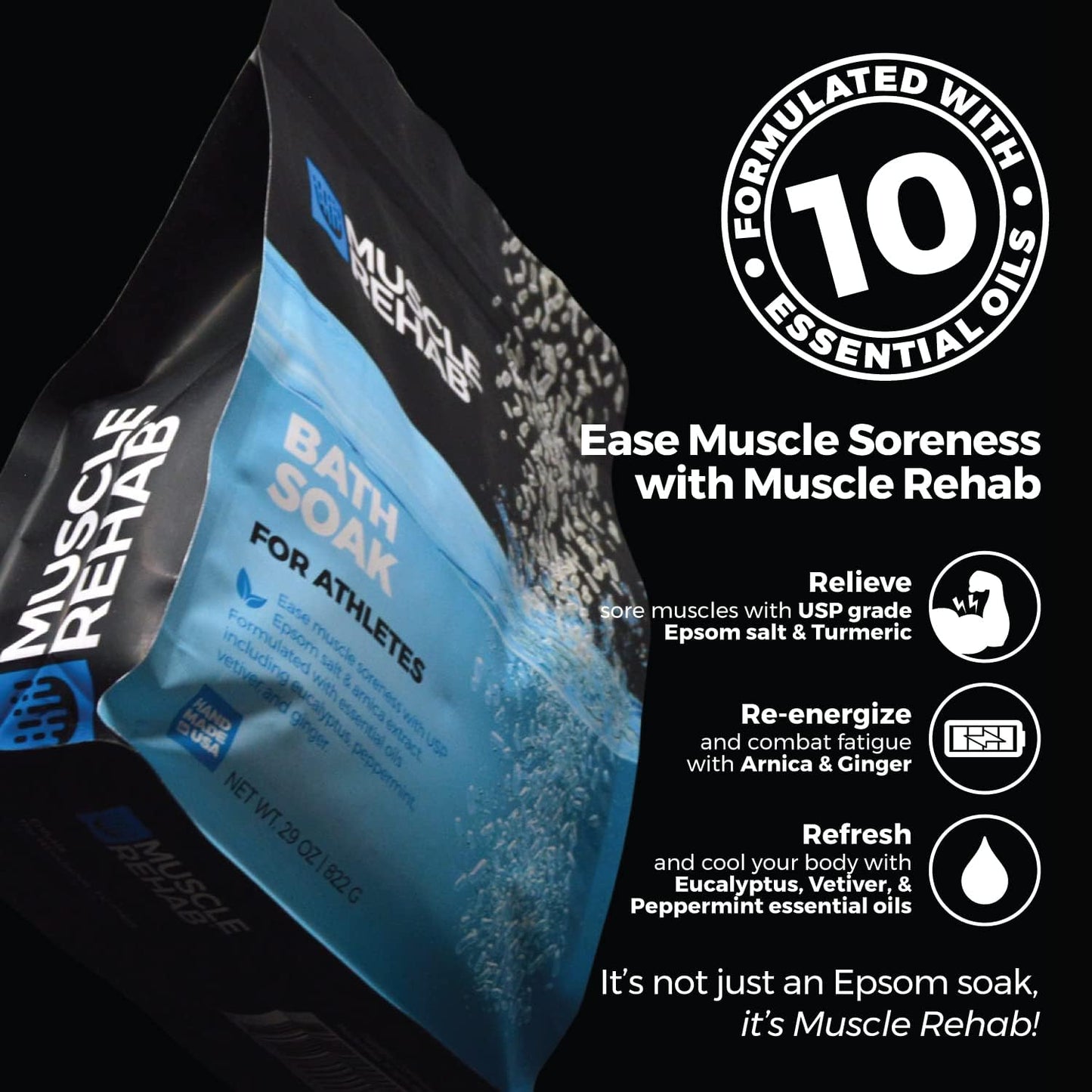 Muscle Rehab Epsom Salt Bath Soak 29 oz with Arnica - Fast-Dissolving Bath Salts for Muscle Relief and Recovery - Cooling Formula - Made in USA