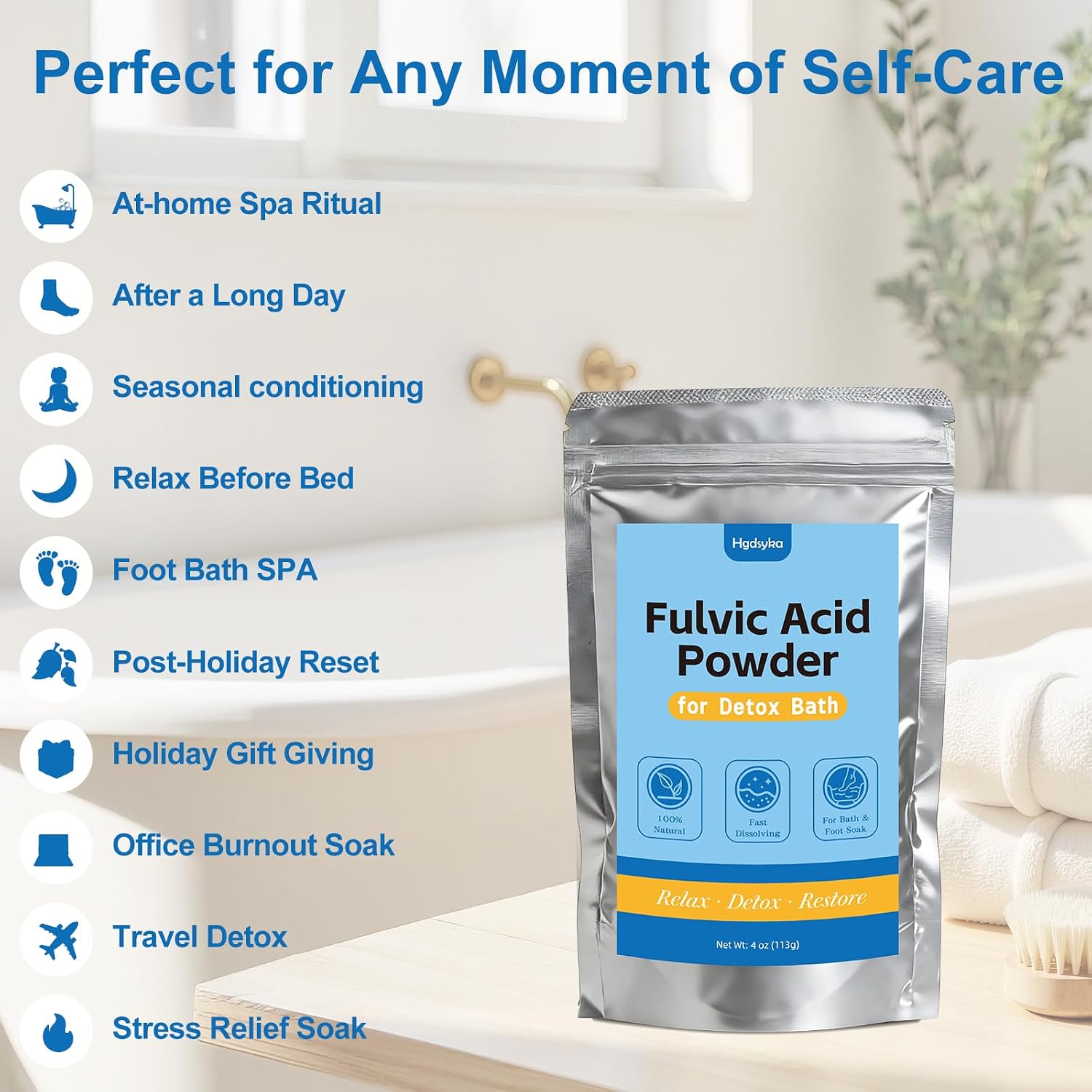 Fulvic Acid Detox Bath Soak Powder -4oz - Natural Mineral Bath Soak for Body & Foot Soak, Foot Soak for Tired Feet, Fast Dissolving Bath Powder, Gentle on Skin, Vegan Self Care, Includes 5g Scoop