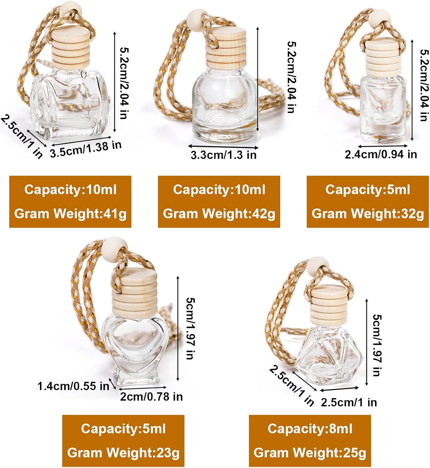 Fasmov 100 Pcs Hanging Car Air Freshener Diffuser, 10ml/8ml/5ml Empty Clear Glass Essential Diffuser Oil Aromatherapy Fragrance Perfume Pendant Glass Vials with Wooden Caps Lanyard, 5 Assorted Style