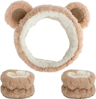 Canitor Face Wash Headband with Wrist Towels - Soft Coral Fleece Spa Makeup Headband, Cute Animal Elastic Skincare Design with Bear Ears