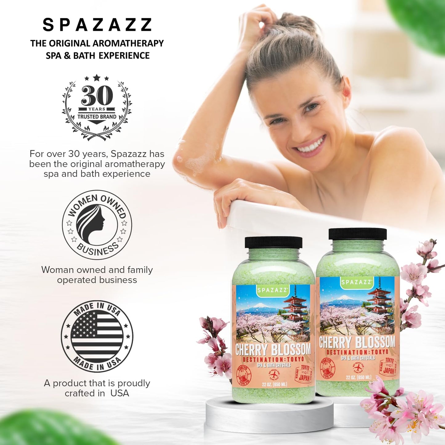 Hot Tub Aromatherapy Spa & Bath Salt Crystals - Cherry Blossom - Tokyo Destinations Collection - Scents for Relaxing in Spas and Bath Tubs - Skin Softening Magnesium Mineral Soak by Spazazz - 22 oz