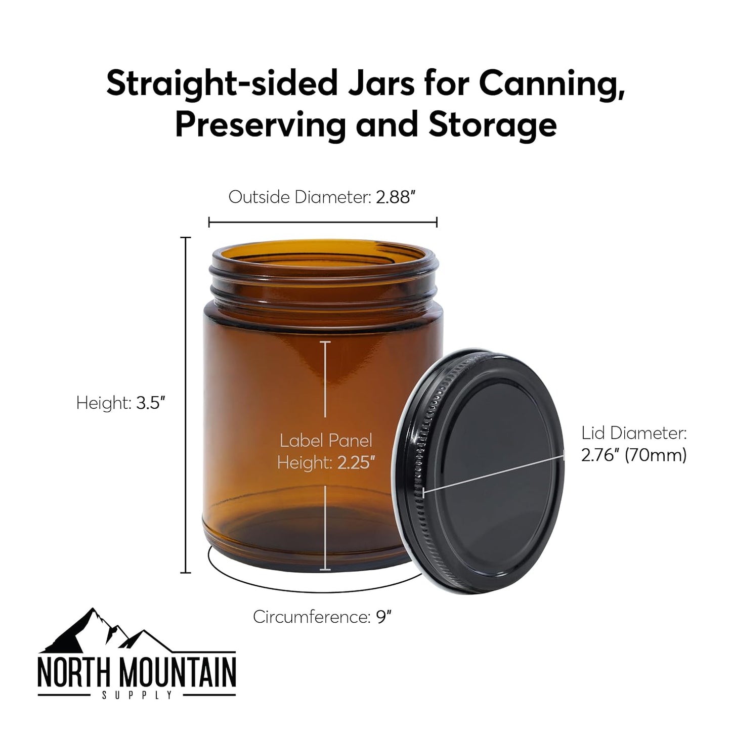 North Mountain Supply 9 Ounce Amber Glass Straight Sided Mason Canning Jars - with 70mm Gold Metal Lids - Case of 12