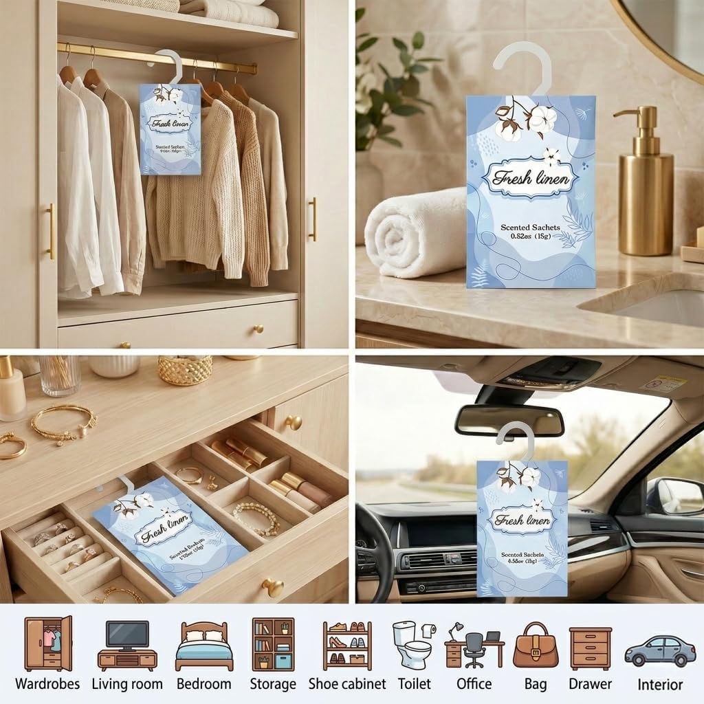 12 Packs Fresh Linen Hanging Scented Sachets for Drawers and Closets with Retractable Hook| Long-Lasting Closet Air Freshener & Closet Deodorizer | Closet Scent Freshener (Fresh Linen)