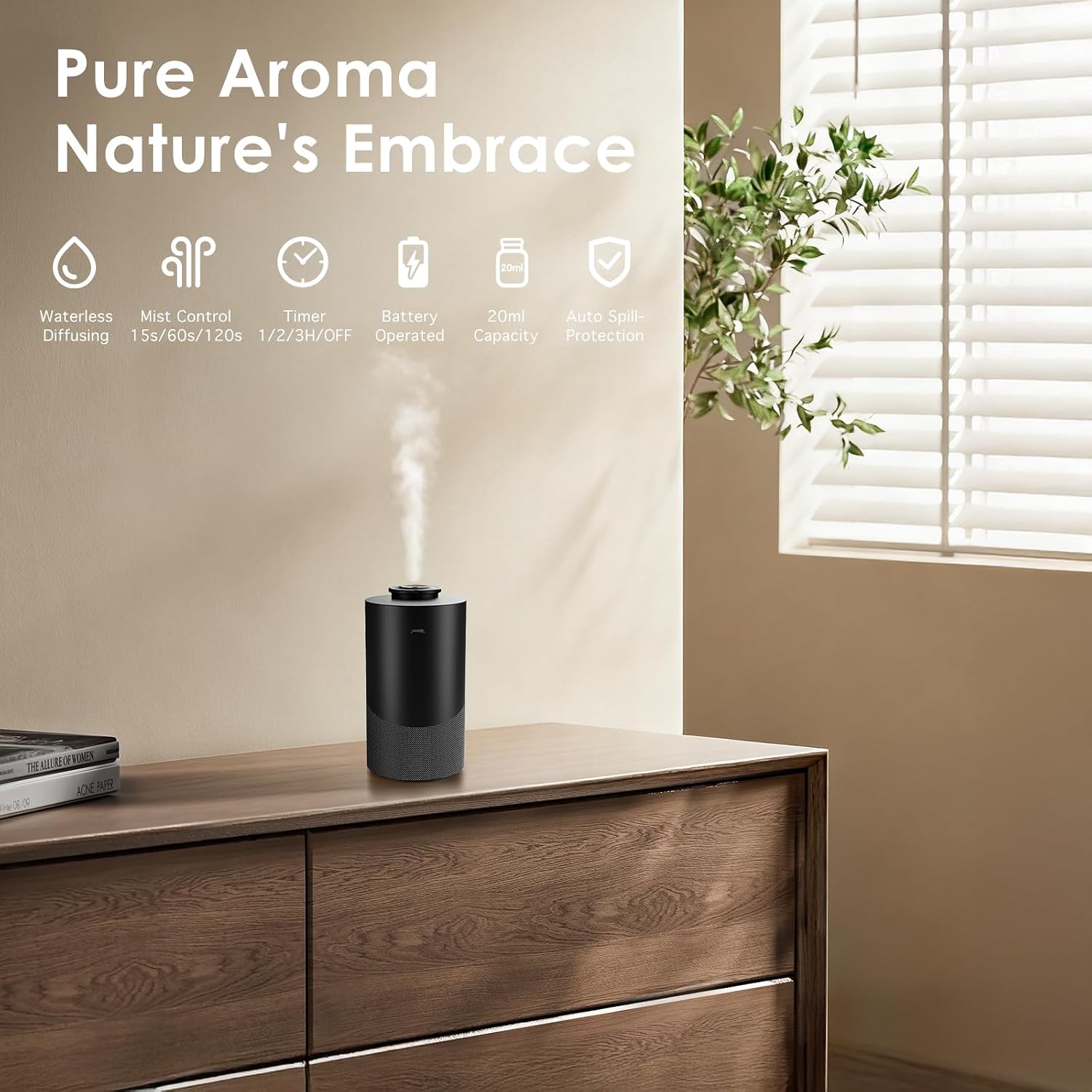Waterless Essential Oil Diffuser for Home (Aluminum Alloy & Fabric) - Cordless Car Scent diffuser with 3 Timer & 3 Mist Levels - 2000mAh Battery Operated Scent Air Machine for Room Office Hotel,Silver