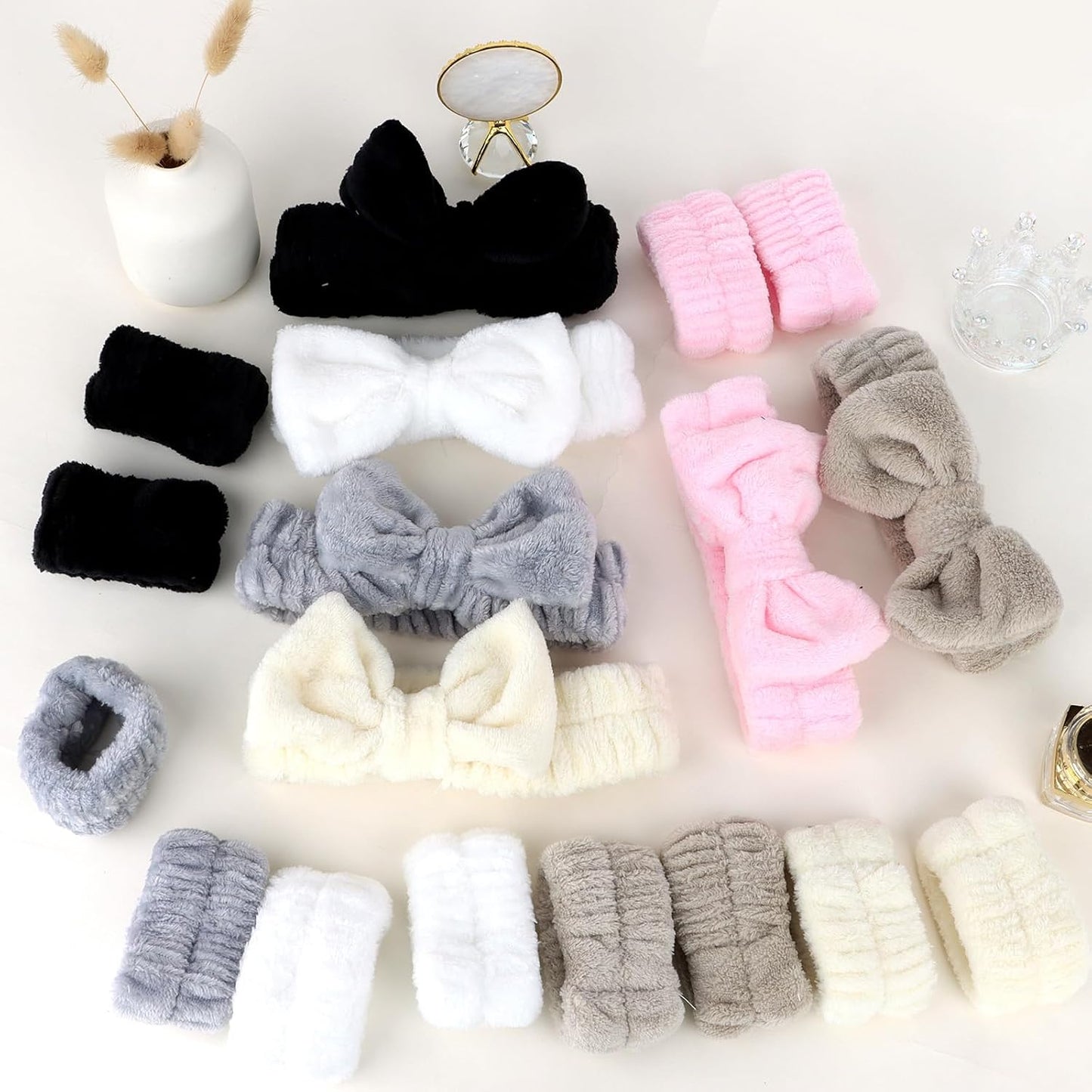 Wecoe 6 Pack Spa Headbands and Wristbands Set for Washing Face Makeup Skincare Cute Soft Bow Hairbands Wrist Towels Sleepover Party Supplies Gifts Christmas Stocking Stuffers for Women Girls