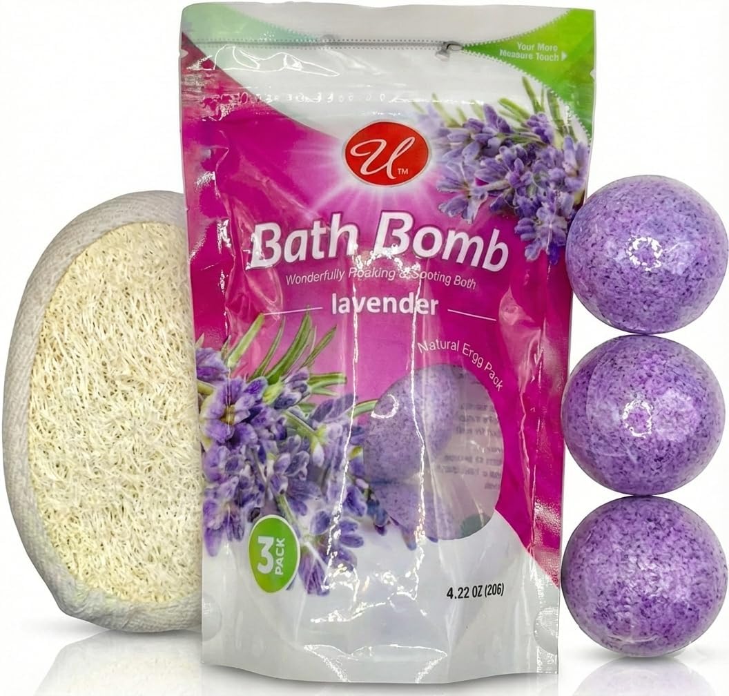 Lavender Bath Bombs 3 Pack with Exfoliating Sponge, Relaxing Aromatherapy Fizz for Men and Women, Spa Gift Set for Self Care, Skin Softening Essentials for Stress Relief and Home Bath Relaxation