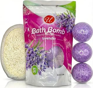 Lavender Bath Bombs 3 Pack with Exfoliating Sponge, Relaxing Aromatherapy Fizz for Men and Women, Spa Gift Set for Self Care, Skin Softening Essentials for Stress Relief and Home Bath Relaxation