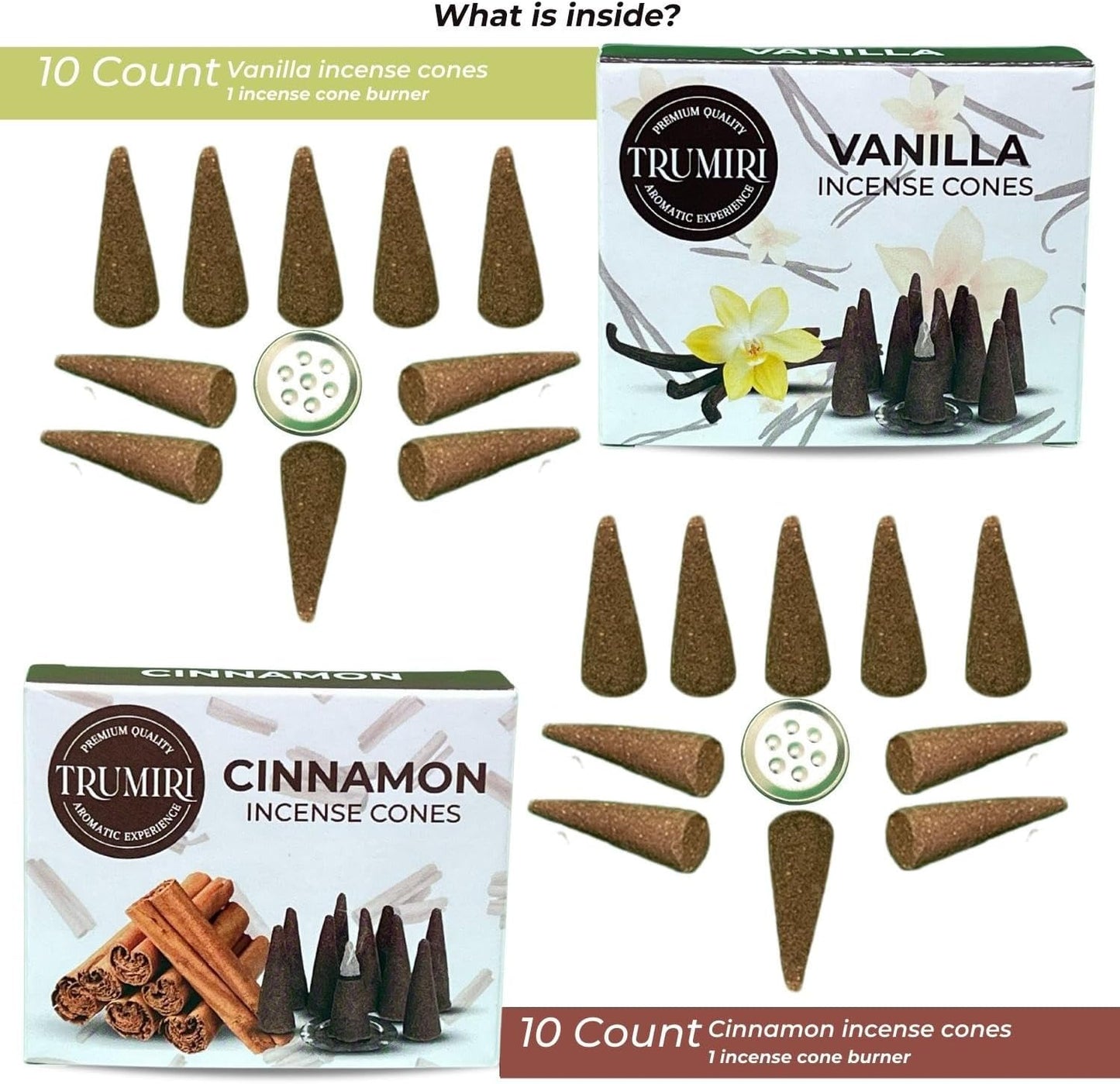 TRUMIRI Incense Cones - Combo Pack of 20 Cone Incense - 10 Vanilla + 10 Cinnamon