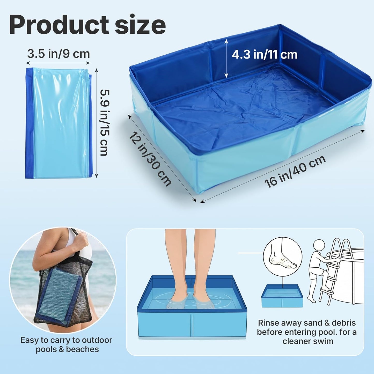 Swimming Pool Foot Bath Basin, Collapsible Foot Bath for Above Pools Accessories for Above Pools Entry Ladder Portable for Beach Camping Spa Backyard Use, Square 16" L x 12" W