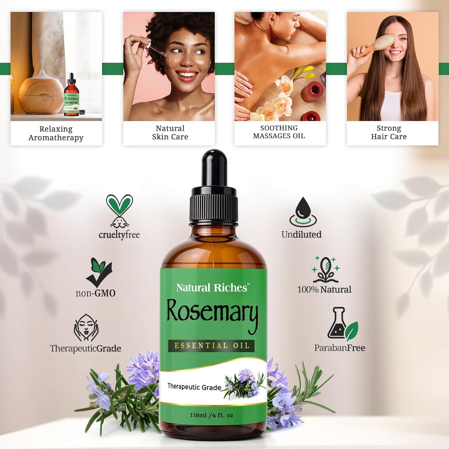 Natural Riches Rosemary Essential Oil | Premium Grade, 100% Natural and Pure Rosemary Oil for Hair Growth Skin, Face, Aromatherapy & Essential Oil for Diffuser | - 4 fl oz