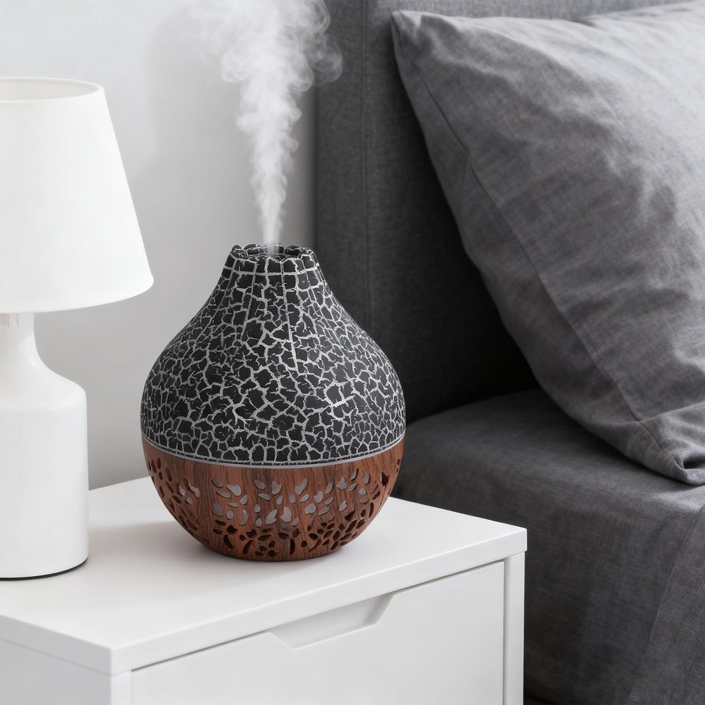 Essential Oil Diffuser, Mini Ultrasonic Air Diffuser Humidifier Luminous Hallow Silent Auto Shut Off USB Aromatherapy Diffuser for Home Office Spa (Black Crack Dark Wood Grain)