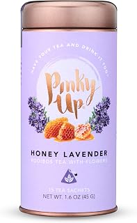 Pinky Up Honey Lavender Rooibos Tea, Full Leaf Herbal Tea with Flowers, Naturally Caffeine-Free, Compostable Pyramid Sachets, Floral and Sweet, 1.6 oz, 15 Sachets