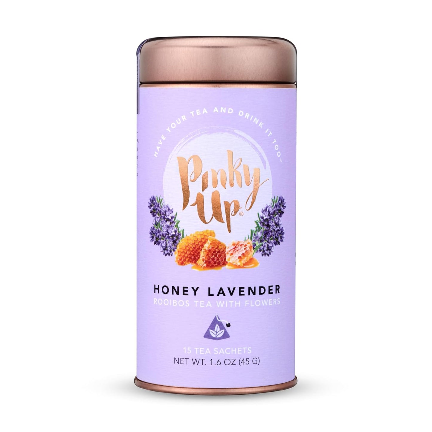 Pinky Up Honey Lavender Rooibos Tea, Full Leaf Herbal Tea with Flowers, Naturally Caffeine-Free, Compostable Pyramid Sachets, Floral and Sweet, 1.6 oz, 15 Sachets