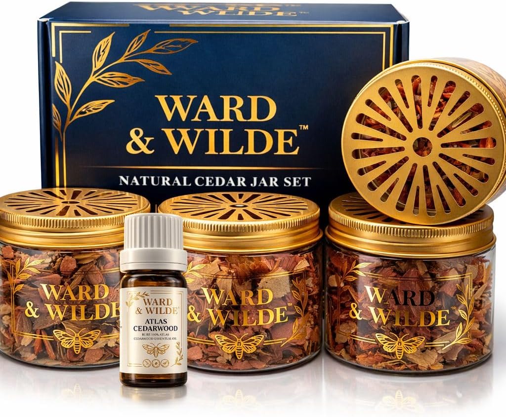 Cedar Jar Set (4 Pack) with Atlas Cedarwood Oil – Aromatic Cedar for Closets, Drawers & Wardrobes, Natural Closet Freshener for Clothes Storage
