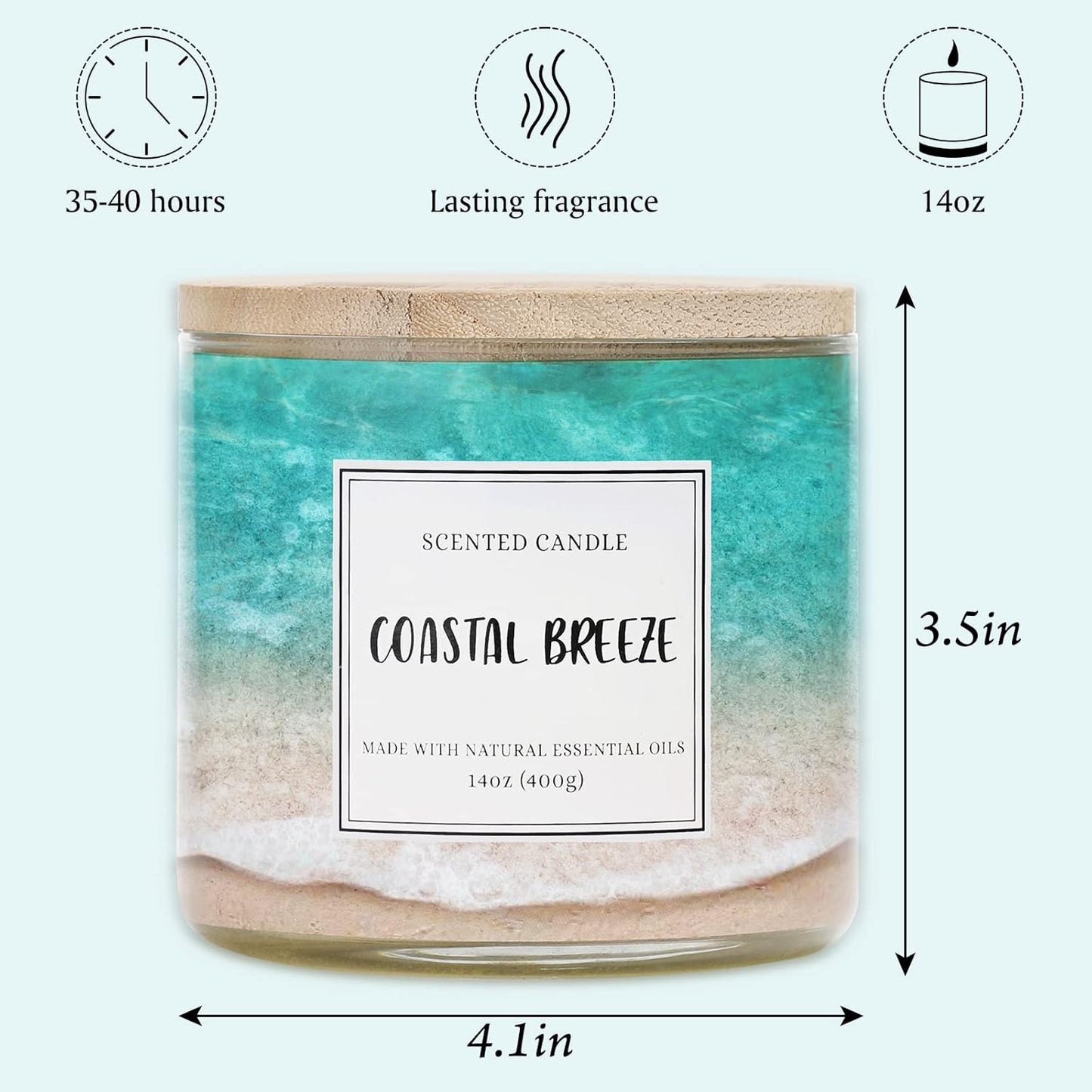 Coastal Breeze Scented Candle, 14 oz Summer Ocean Beach Candle Gift for Women and Men, Natural Soy Wax, 3 Wicks, Up to 40 Hours Burning Time