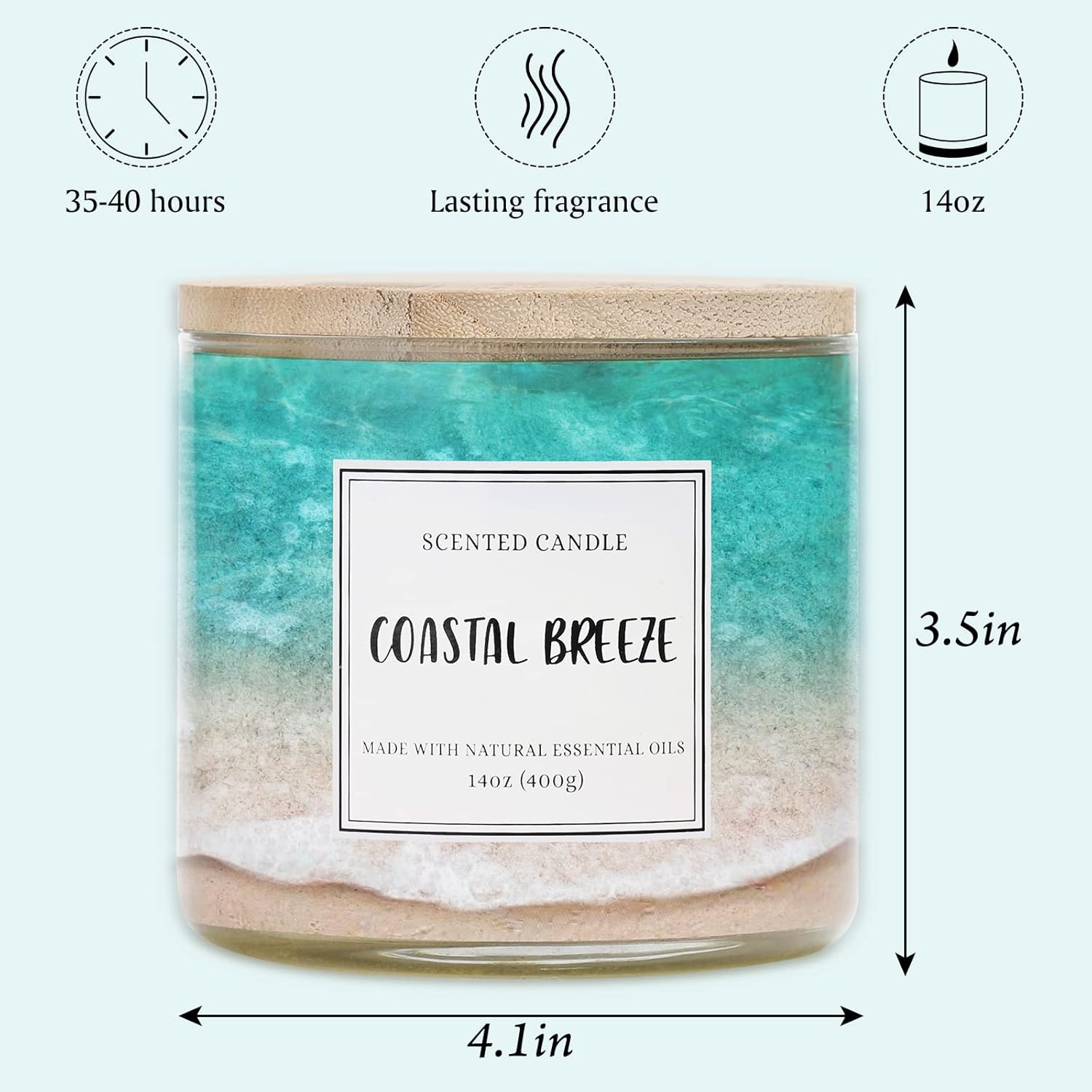 Coastal Breeze Scented Candle, 14 oz Summer Ocean Beach Candle Gift for Women and Men, Natural Soy Wax, 3 Wicks, Up to 40 Hours Burning Time