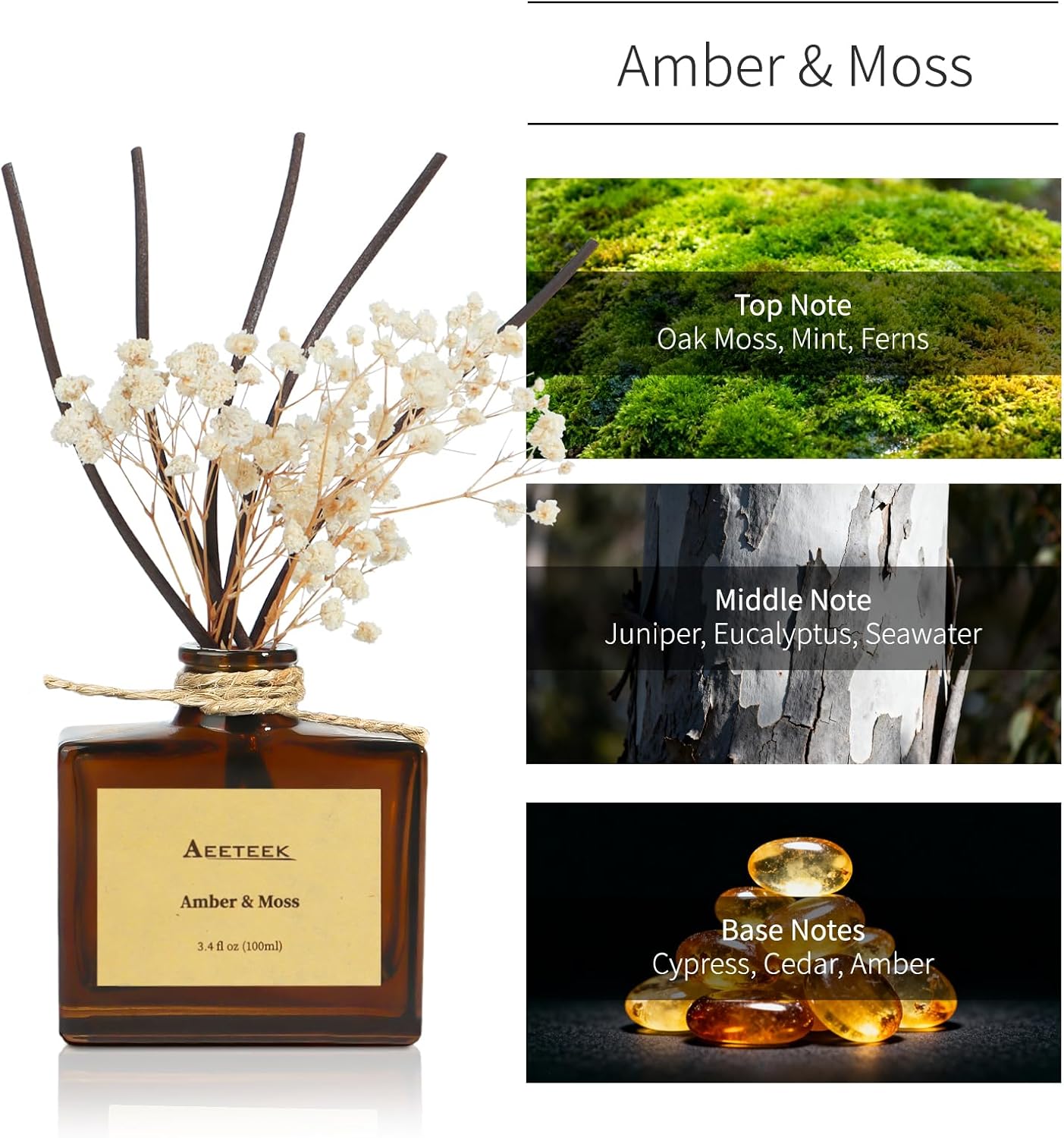 Reed Diffuser, Amber & Moss Essential Oil Diffuser with Dried Flowers, 3.4 oz Scented Oil Air Freshener, Handmade Home Decor, Long-Lasting Room Scent Fragrance for Office, Bathroom