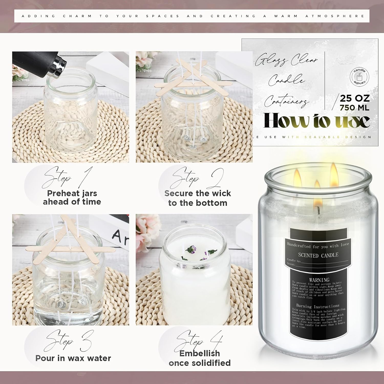 Ziliny 6 Pack 25 oz Glass Candle Jars with Airtight Lids Large Thick Clear Candle Containers with 10 Warning Labels Wooden Wick Holders