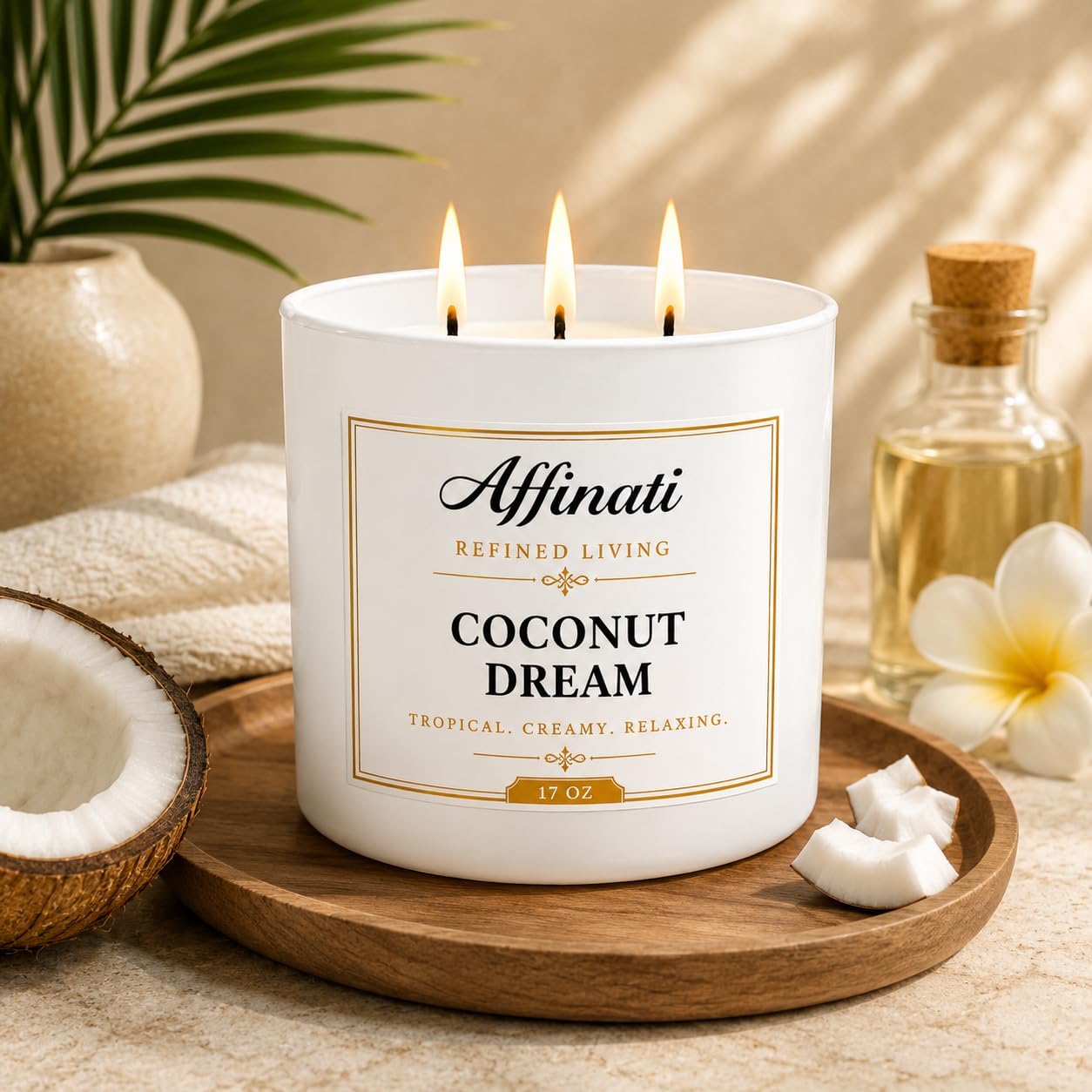 Affinati Coconut Dream 3-Wick Scented Candle – Large Soy Blend Candle, Strong Scent Throw Sweet Creamy Paradise Tropical Vibe Candle, Premium Clean Burning Aromatherapy Gift