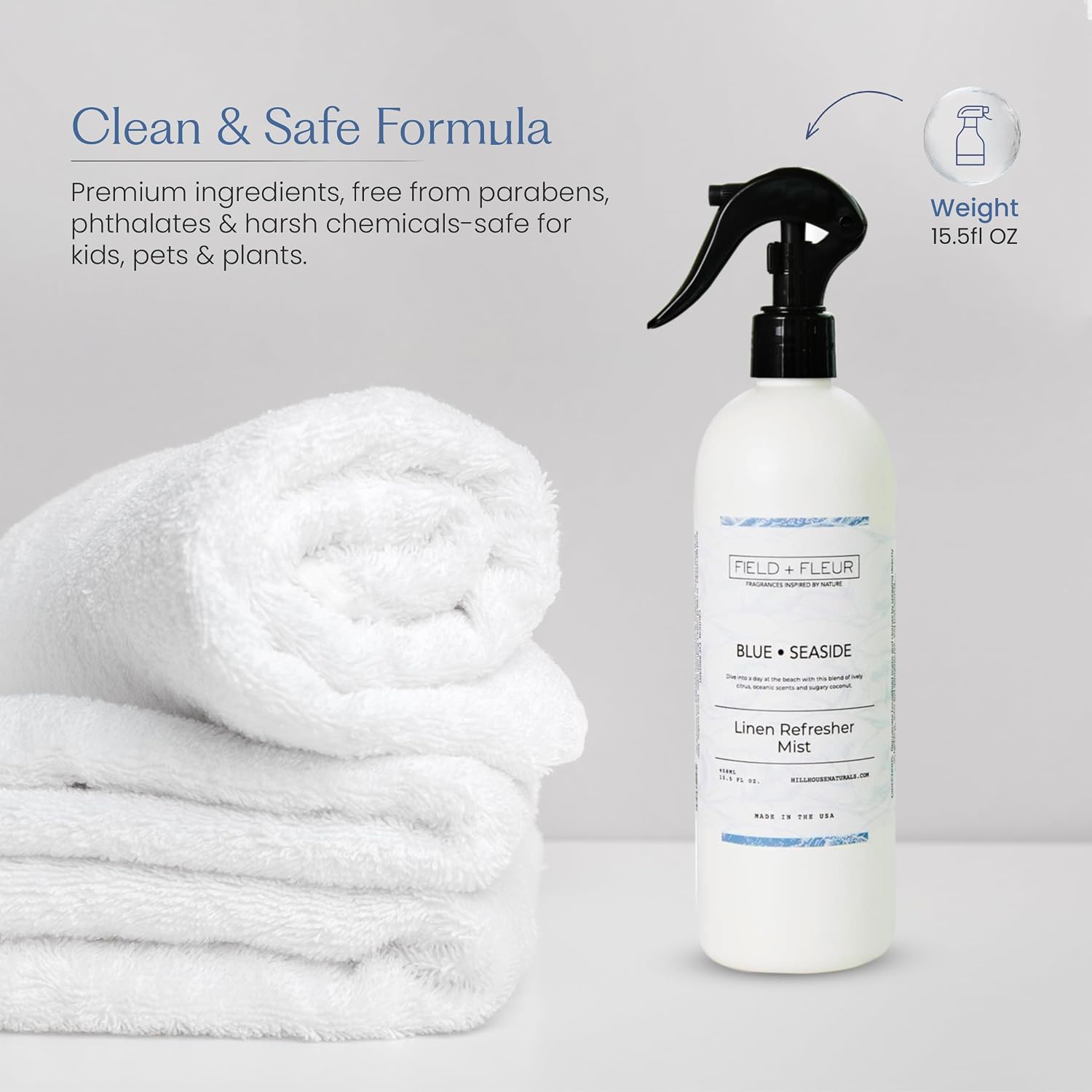 Field + Fleur - Linen Refresher Mist - Aromatic Spray for Fabrics - Refresh Bedding, Curtains & More - Notes of Citrus, Oceanic Breeze & Sugary Coconut -Made in the USA -Blue Seaside Scent -15.5 Fl Oz