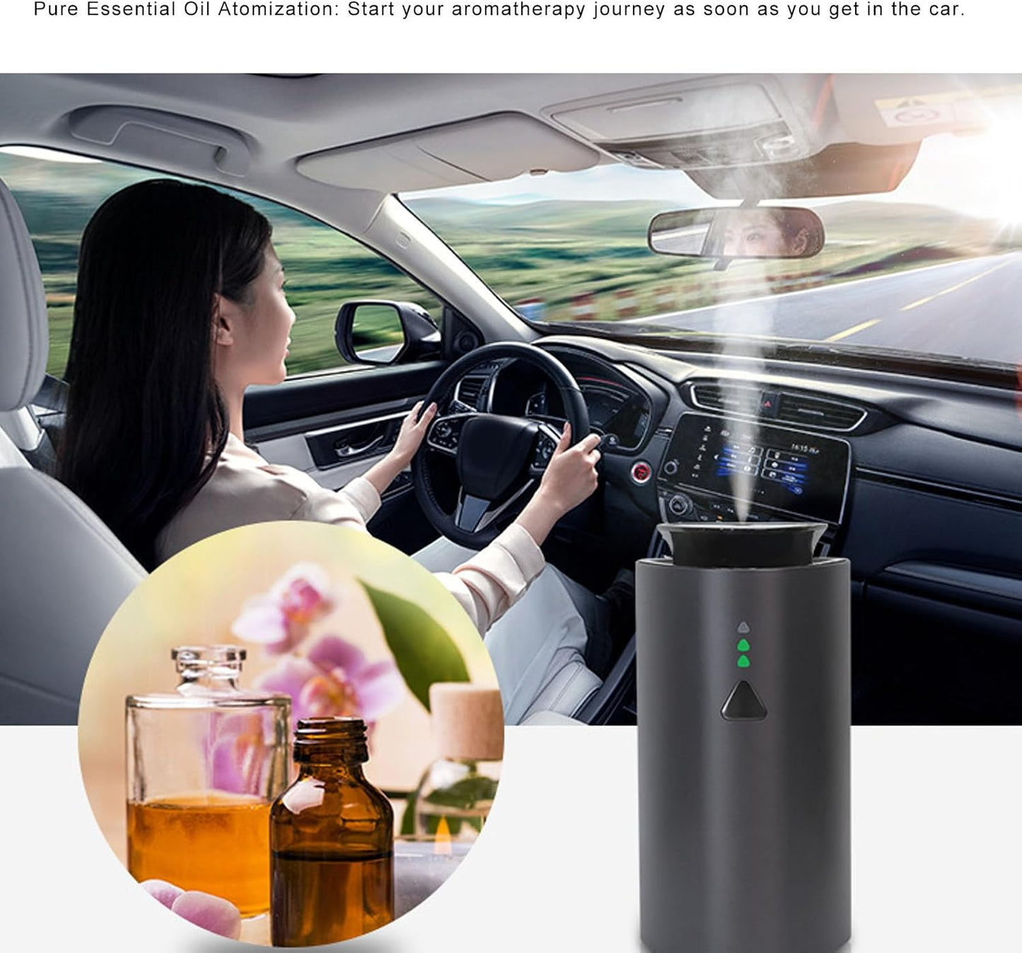 Waterless Car Diffuser for Essential Oils, Car Air Freshener Diffuser for Car Office Bedroom, 30m³, Aromatherapy Atomizing Diffuser