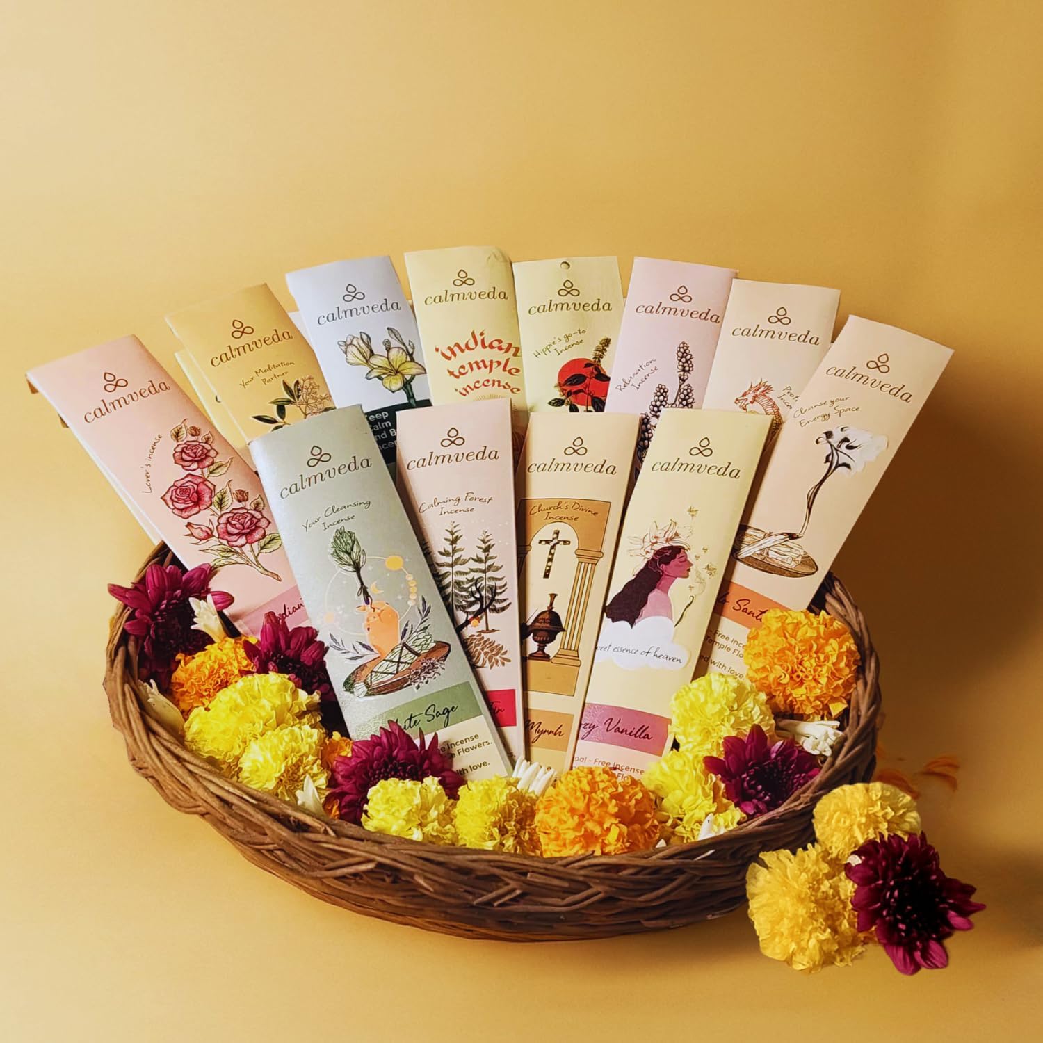 CALMVEDA Natural Incense Sticks Mega - Variety Pack (144 Insence-Sticks Bulk, 12 Aromas) Clean No Charcoal, Made from Upcycled Flowers | Organic Incense Stick Non Toxic (Slow Burn, Longlast)