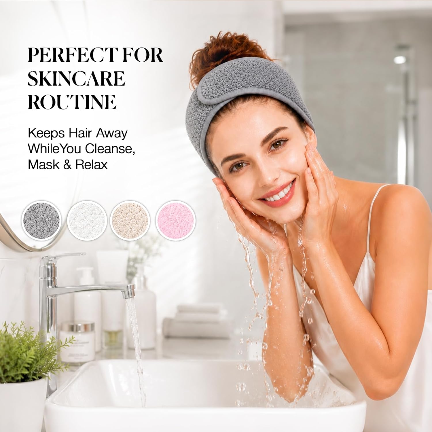 4PCS Extra Long Spa Headband for Women Adjustable Terry Cloth Skincare Headband Stretch Towel Head Wrap for Bath, Makeup Facial Mask（White+Grey+Khaki+Pink）