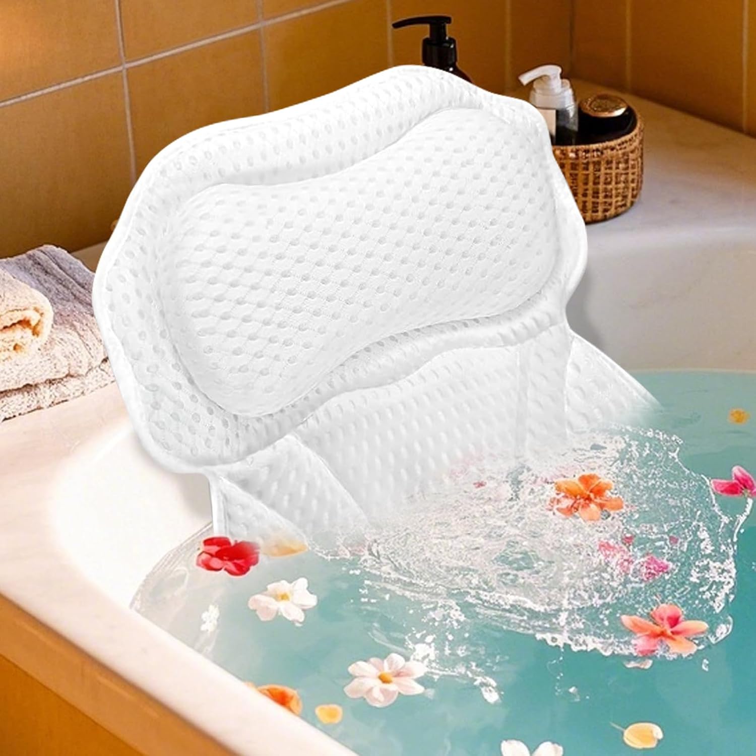 Luxury Bathtub Pillow, 4D Air Mesh Soft Bath Pillows for Tub, Ergonomic Neck & Back Support, Non-Slip Suction Cups Head Neck Support Hot Tub Pillow, Spa Bath Accessories Gift for Women White