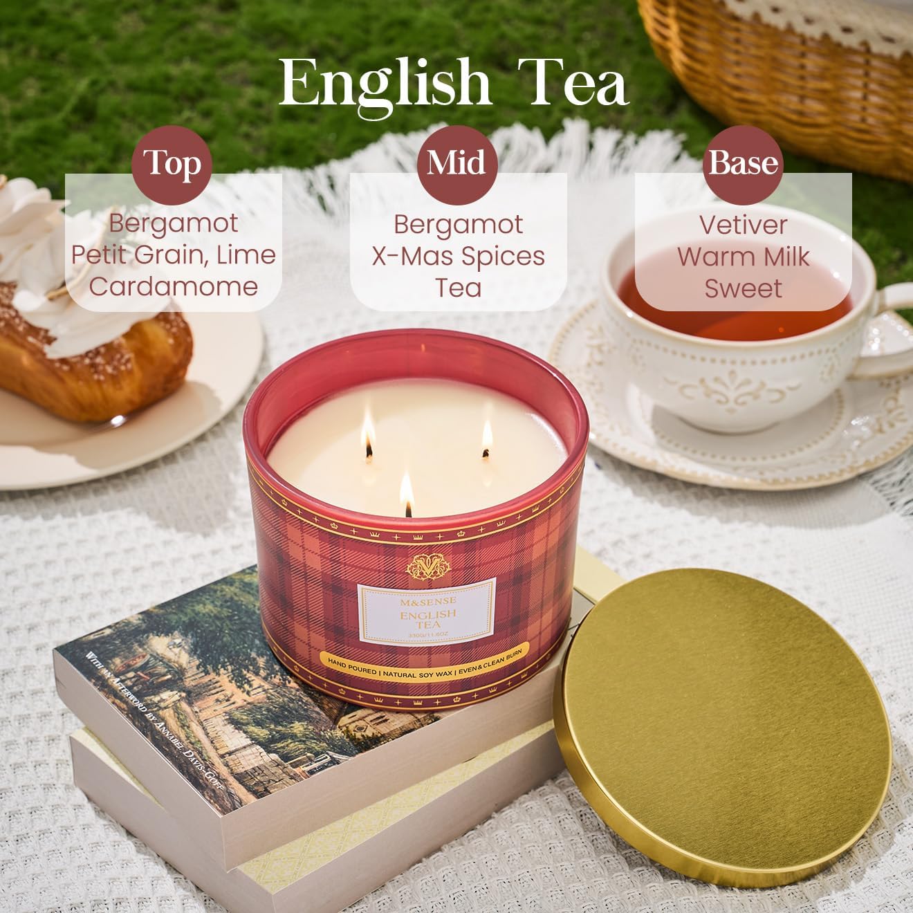 M&SENSE Plaid Pattern 3 Wick Soy Candles,11.64 oz Large English Tea Scent Candle for Relaxation, Gifting, Home Décor | for Bedroom, Office, Party