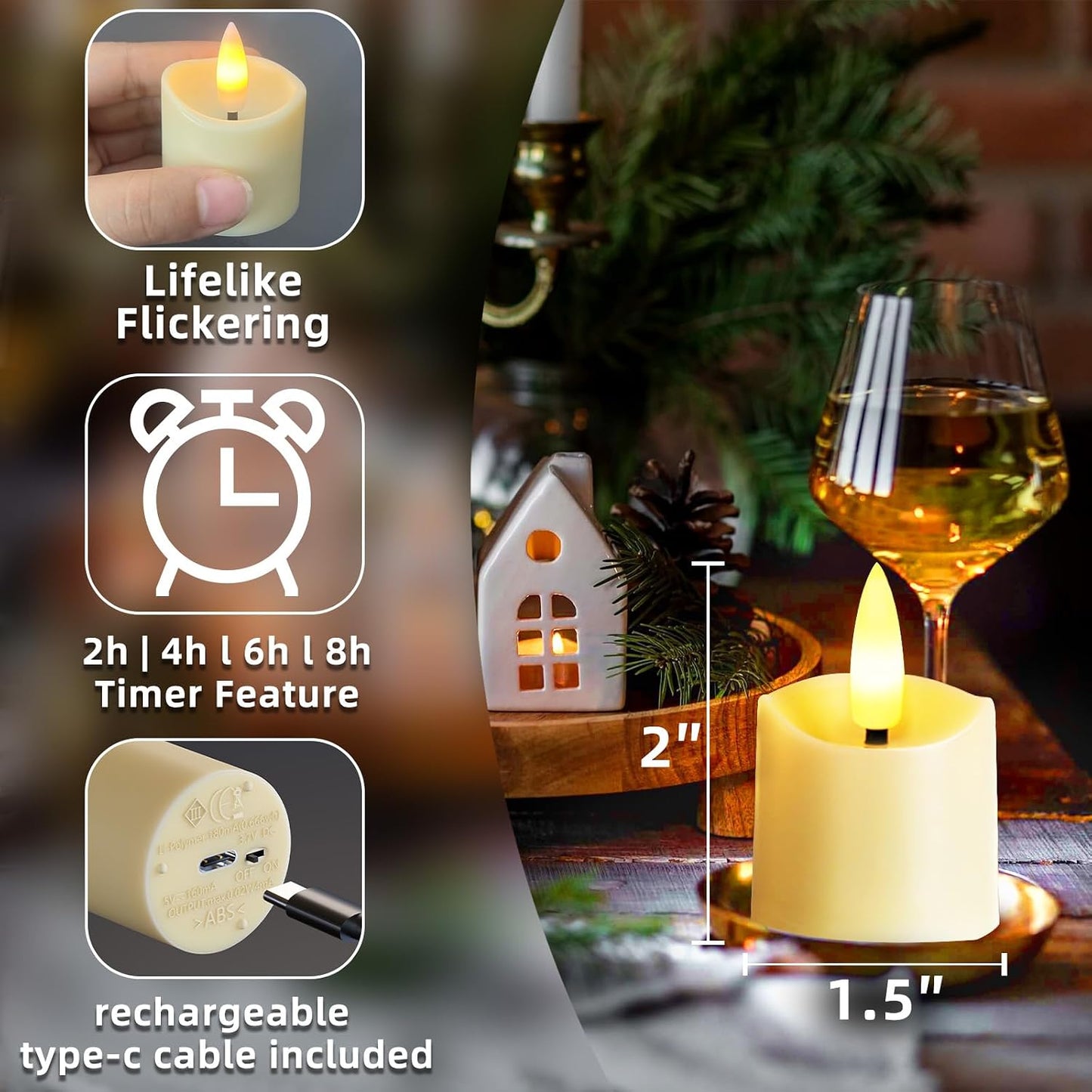 Rechargeable LED Flameless Candles, 9PCS Battery Operated Tealights with 2/4/6/8H Timer for Soccer Party, Christmas, Wedding, Home Decor (USB-C Charging Cable Included)