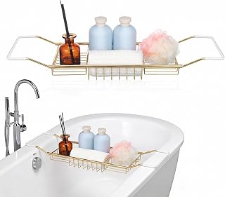 Cabilock Luxury Stainless Steel Bathtub Caddy Tray - 24.8in Expandable Modern Bath Rack for Tub with Wine Glass & Book Holder - Rustproof Shower Organizer & Tablet Stand for Home Spa, Gold