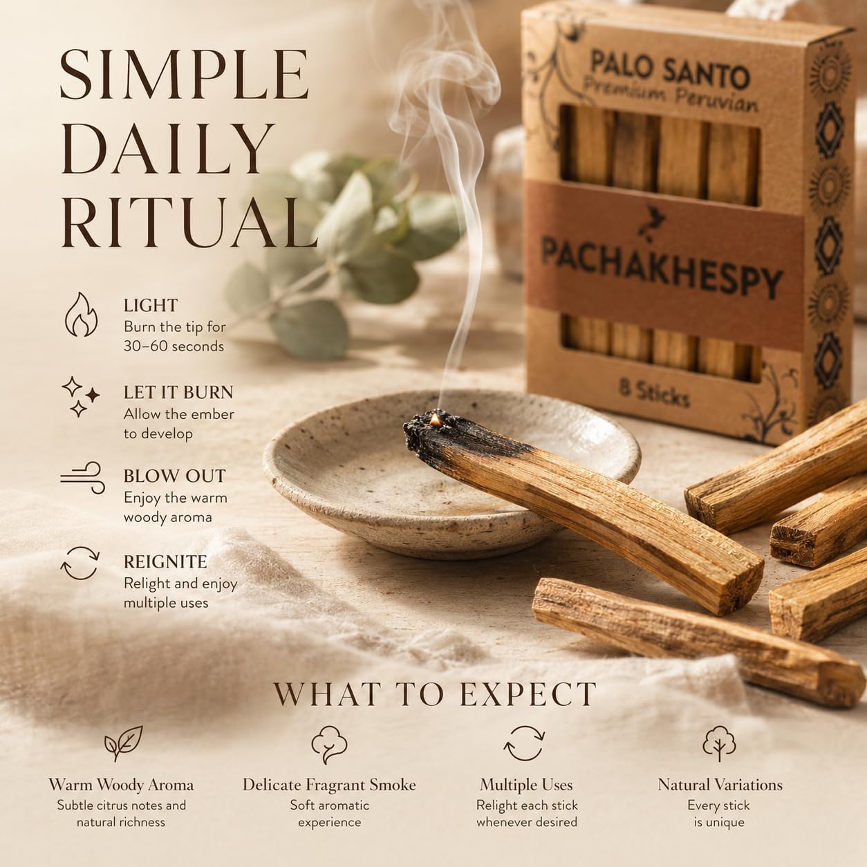 Authentic Premium Palo Santo from Peru 8 Pack of Natural Holy Wood Hand Harvested Smudging Sticks for Home Fragrance Energy Cleansing Meditation Spiritual Rituals Anti Stress Wellness Incense