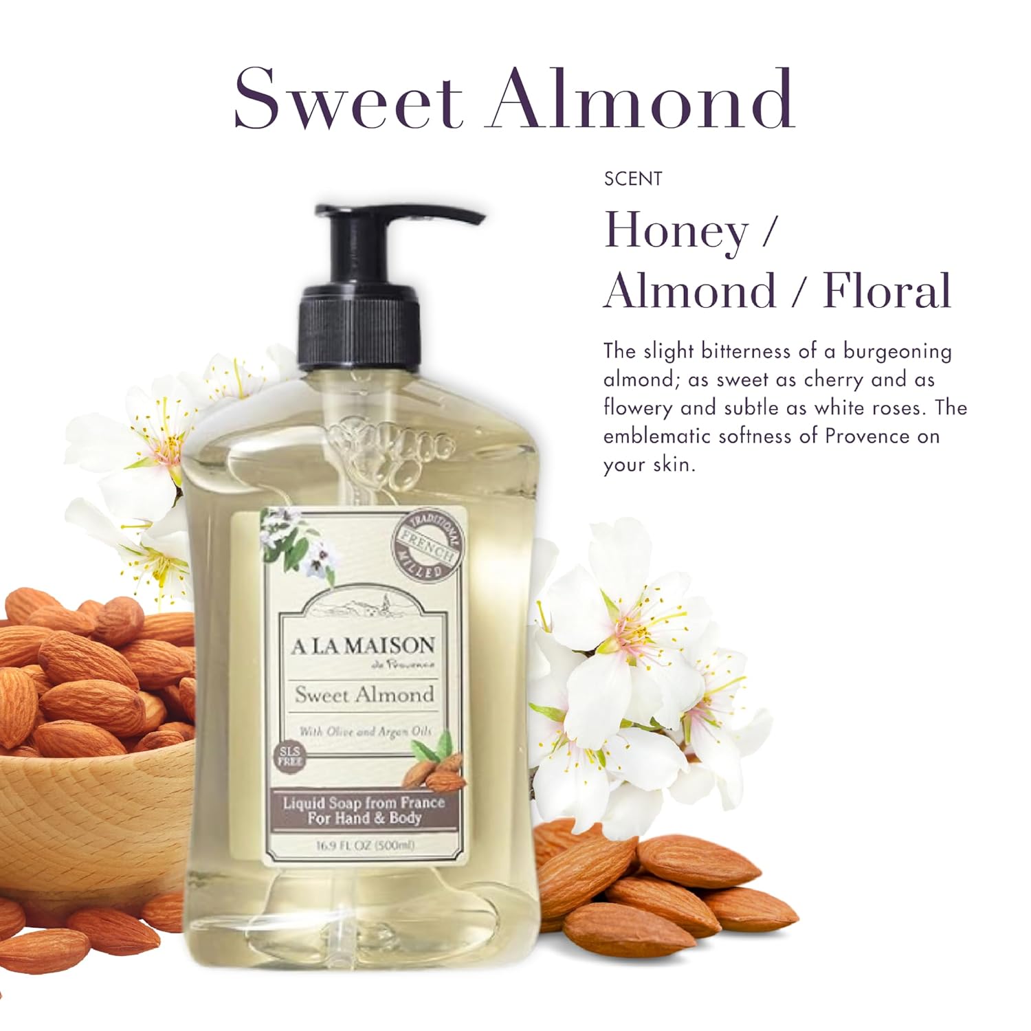 A LA MAISON Sweet Almond French Liquid Hand Soap - Natural Hand Wash Made with Essential Oils - Biodegradable, Plant-Based, Vegan, Cruelty-Free, Alcohol & Paraben Free (16.9 oz, 2 Pack)