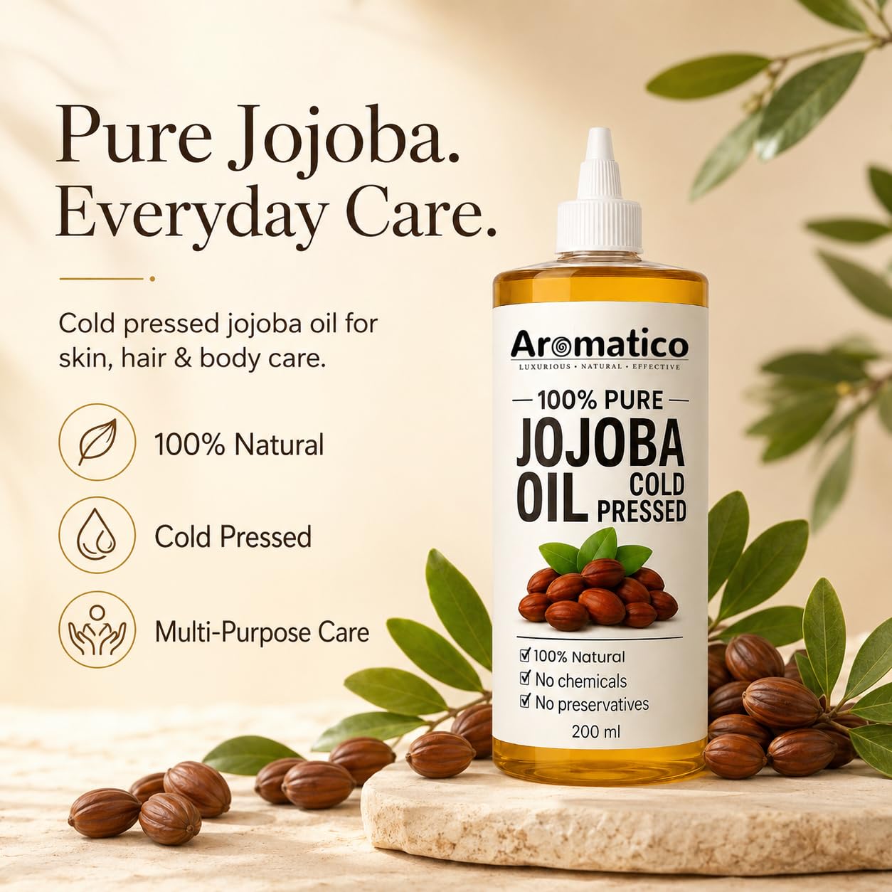 Aromatico 100% Pure Cold Pressed Jojoba Oil – 7 Fl Oz | Natural Hair, Face & Body Oil – Lightweight Moisturizing Carrier Oil for Dry Scalp, Skin Care, Beard, Cuticles & Massage