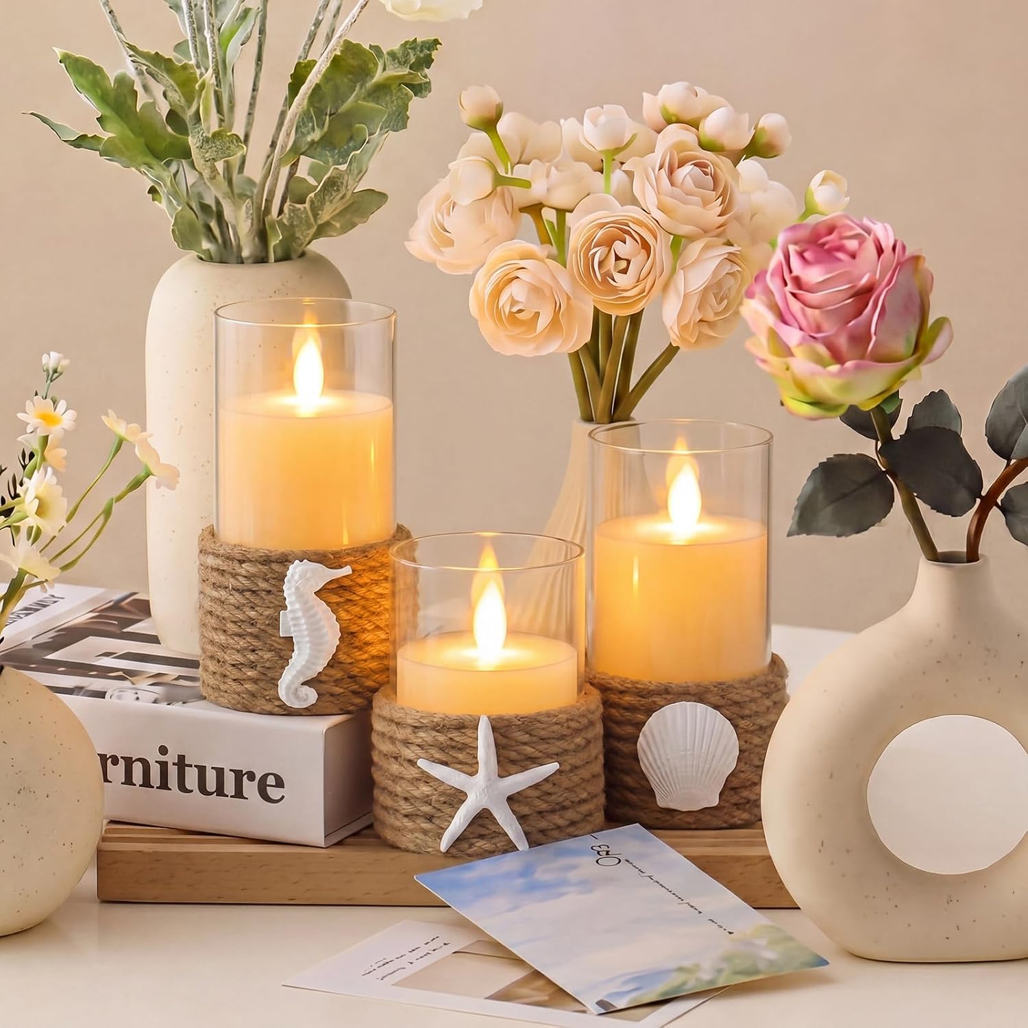 Baquler 3 Pcs Beach Starfish Flameless Plastic LED Battery Candle with Rope Farmhouse Nautical Gradient Candle Seashell Seahorse Decorative Candlestick for Coastal Wedding Party Table Centerpieces