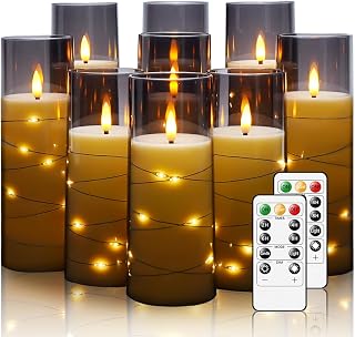 Nimiko Flickering Flameless LED Candles, 9 Pcs with Embedded Star String, Acrylic LED Pillar Candles with Remote, Suitable for Home Decoration (Grey)
