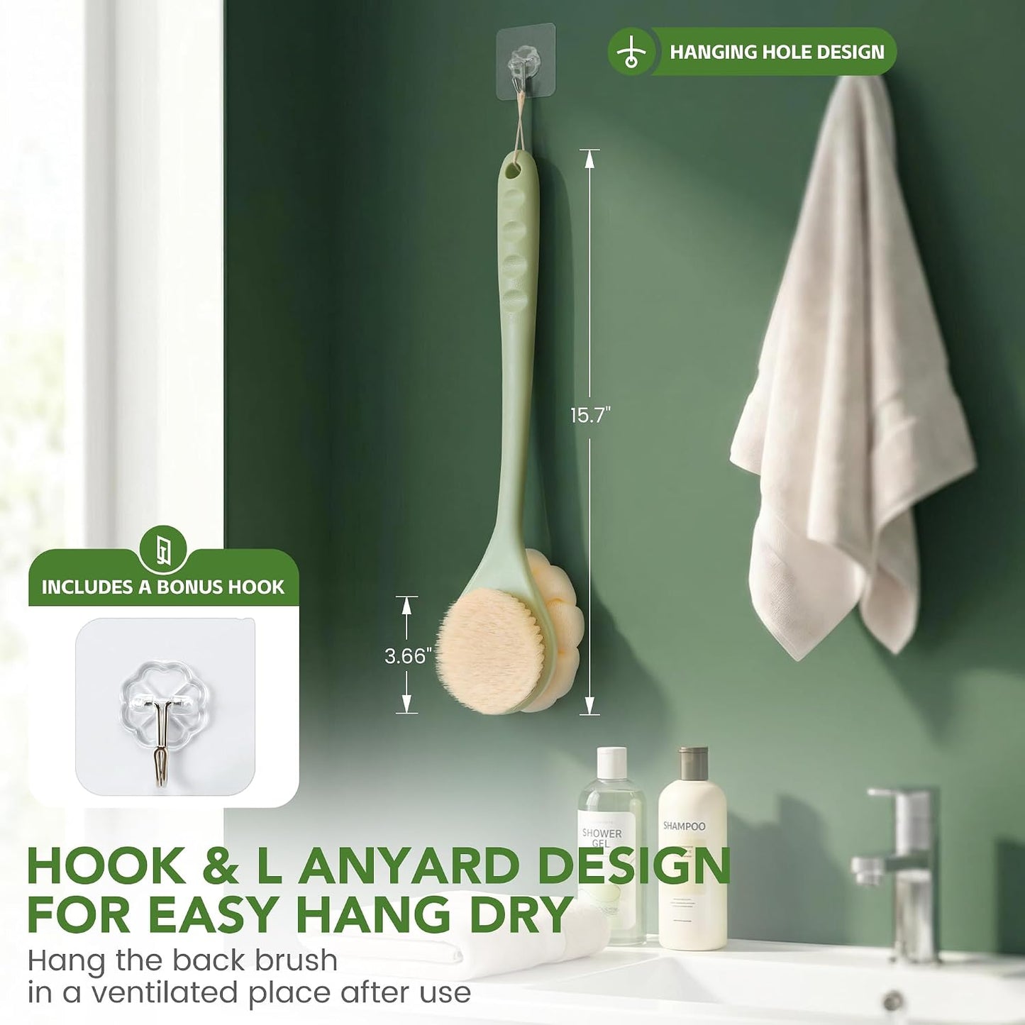 Back Scrubber for Shower, 15.7" Loofah with Handle, Back Shower Brush with Bristles and Loofah, Dry Brushing Body Brush for Cleanse Back and Hard to Reach Areas with Curved Long Handle