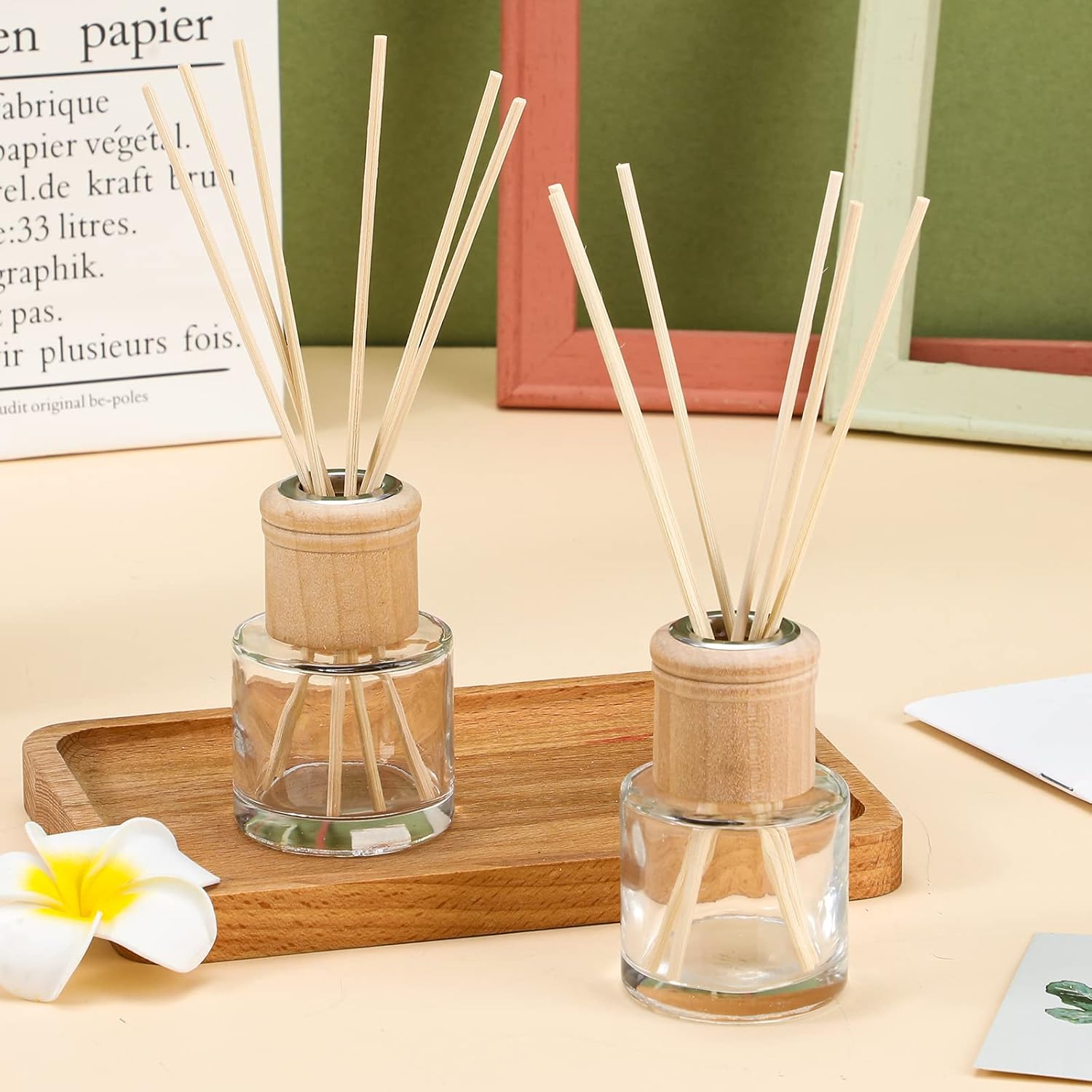 Roshtia 4 Set Reed Diffuser Bottle Empty Refillable Fragrance Glass Diffuser Bottles Set with Wooden Caps Sticks 50ml 1.7 oz Round Glass Jars for DIY Fragrance