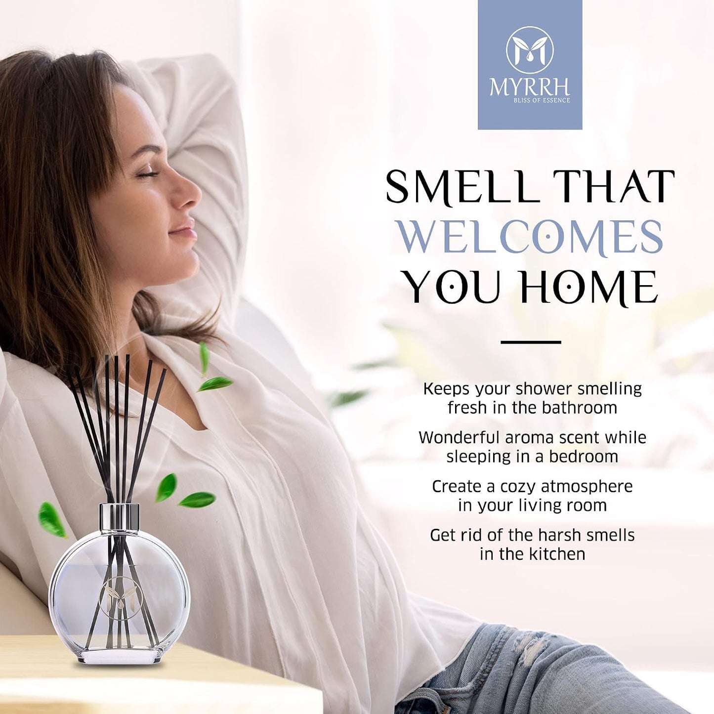 Fresh Linen Scented Reed Diffuser Set with 8 Rattan Diffuser Sticks,150 ml, All Natural Air Freshener, Long-Lasting Diffusers at Home - MyrrhUSA