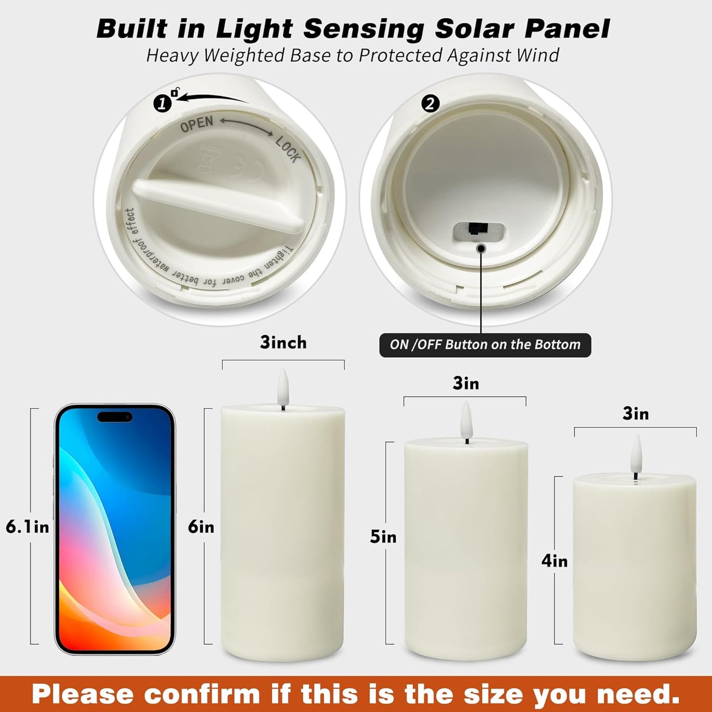 VIODAIM Solar Candles Outdoor Waterproof: Flameless Flickering Pillar LED Candles Set of 3 Dusk to Dawn Rechargeable Sensor Lights 3x4/5/6 Inch White