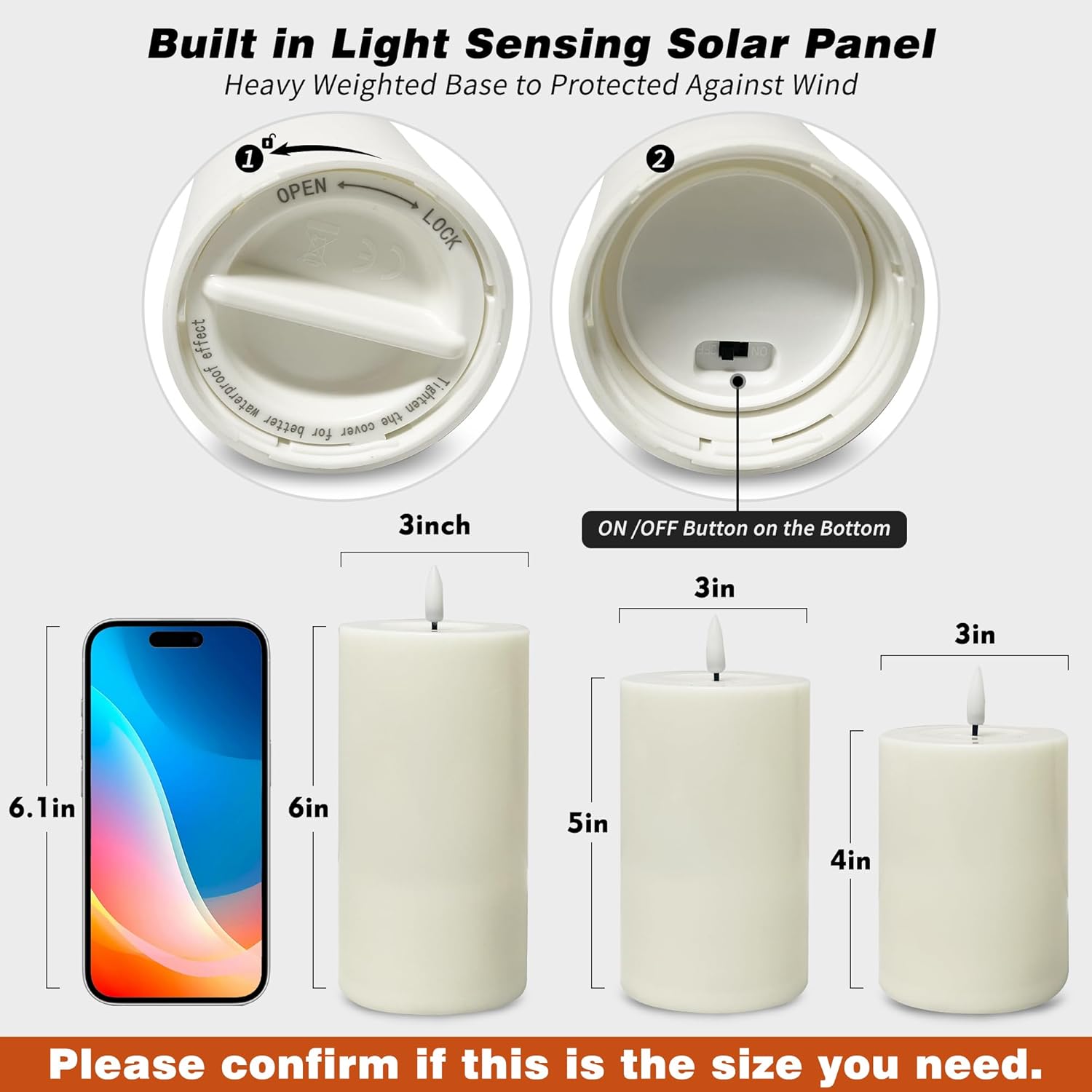 VIODAIM Solar Candles Outdoor Waterproof: Flameless Flickering Pillar LED Candles Set of 3 Dusk to Dawn Rechargeable Sensor Lights 3x4/5/6 Inch White