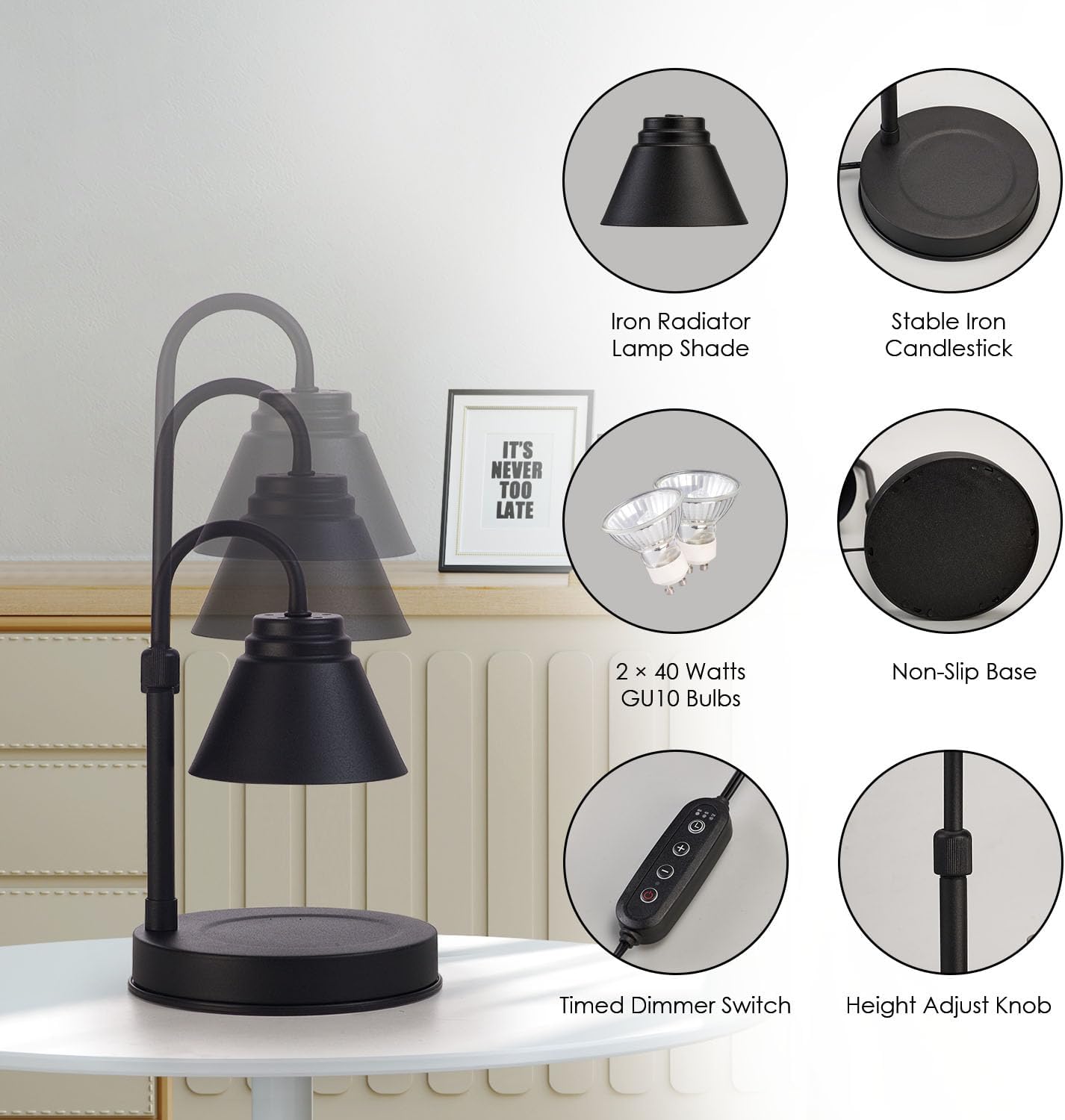 Candle Warmer Lamp - Timer & Dimmer w/ 2 Bulbs, Height Adjustable Candle Warmer for Bedroom, Home Decor, Black