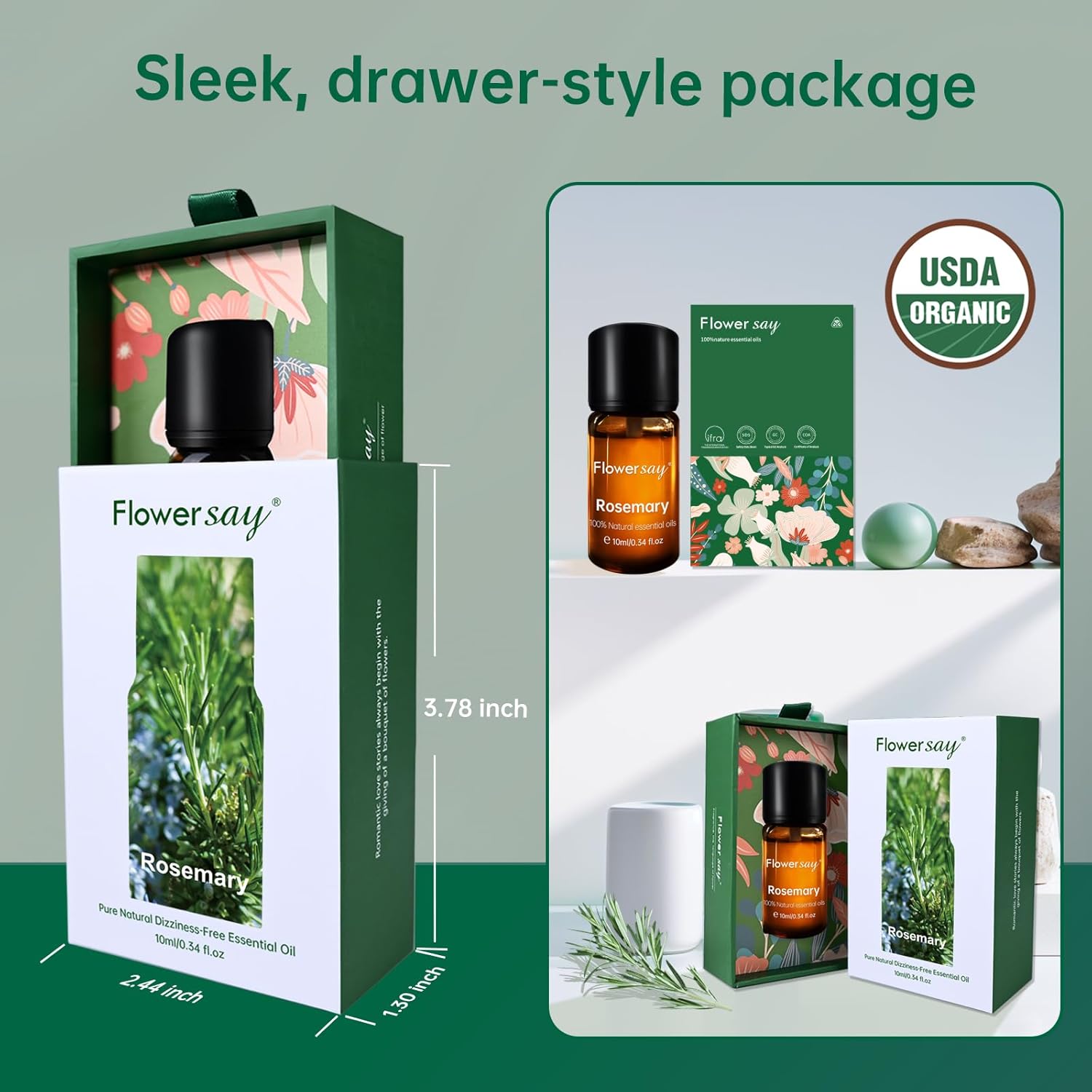 Rosemary Essential Oil for Hair Growth – 100% Pure Organic, Therapeutic Grade, Undiluted, USDA Certified, 10ml for Diffuser, Skin, Nails, Scalp Massage