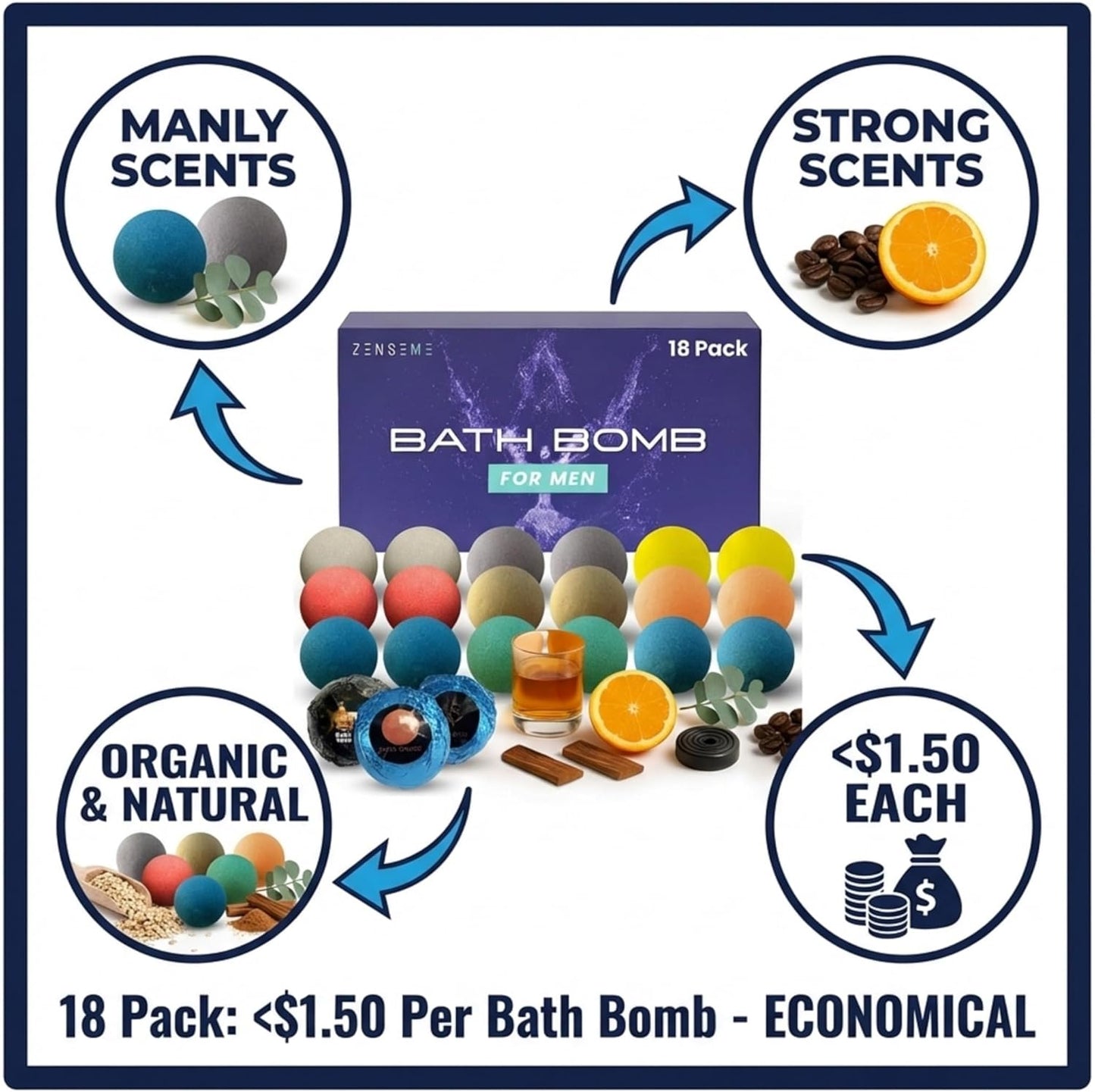 Bath Bombs for Men - Gift Set of 18 Scented Handmade Natural Bath Bombs of 2.5 oz w/Essential Oils, Unique Manly Scents, for Boyfriend, Husband, Father - 18 Pack