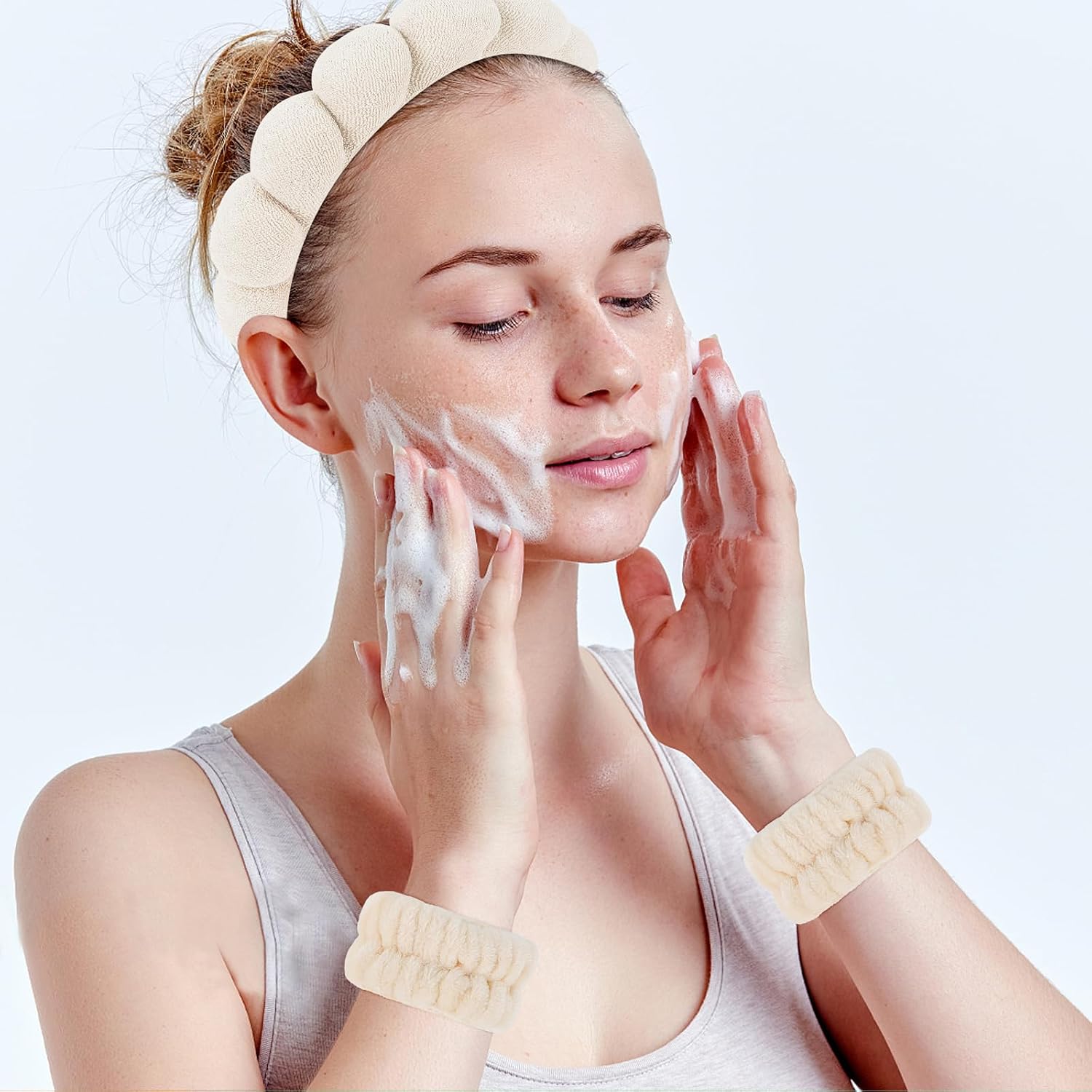 WHAVEL 6PCS Terry Cloth Spa Headband and Wristband Set, Makeup Puffy Sponge Face Wash Headband Hair Band Wrist Towels for Washing Face Women Girls (Beige, Light Coffee)