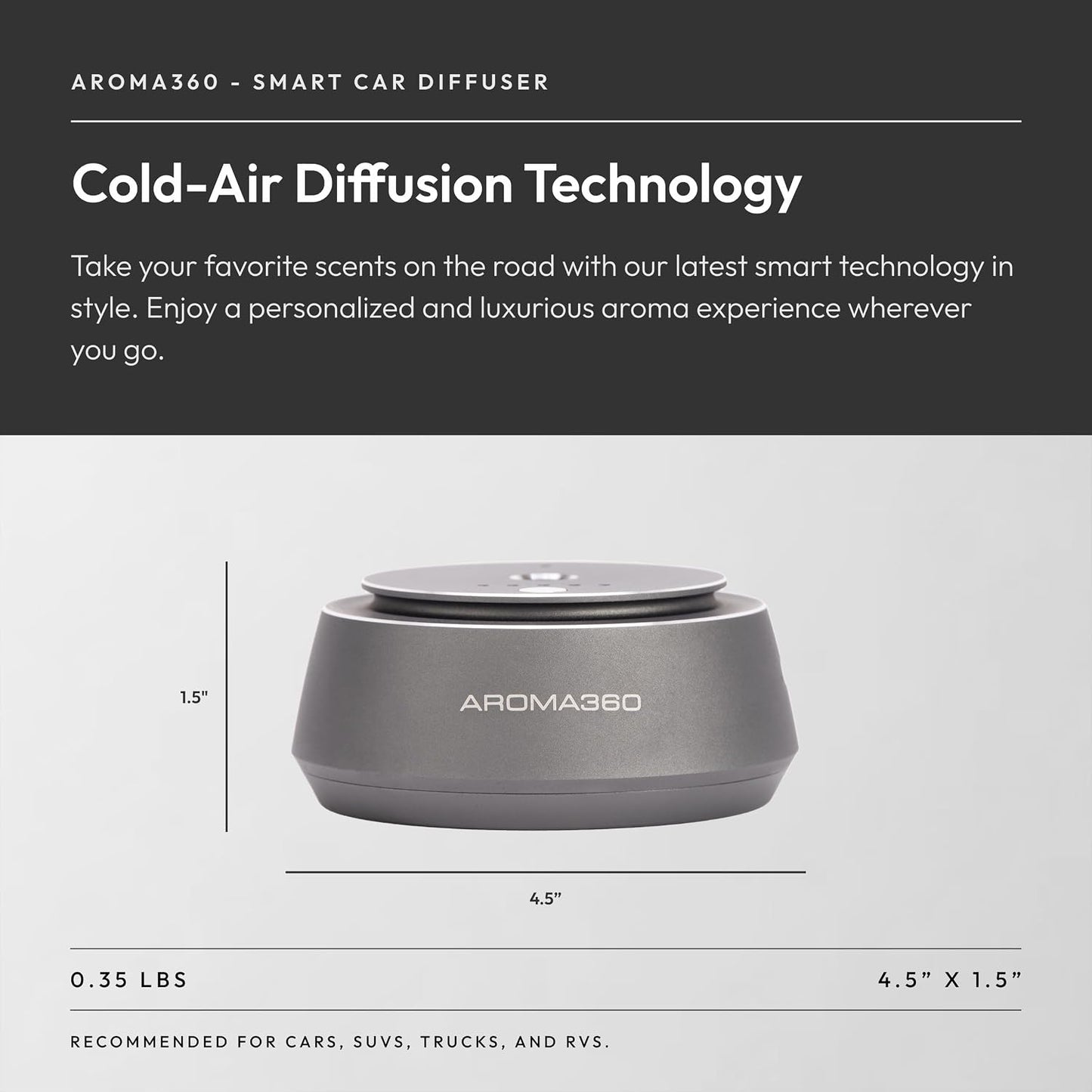 Aroma360 - Smart Car Diffuser - Portable Luxury Essential Oil Diffuser for Cars - Auto On/Off Feature - Oil Not Included