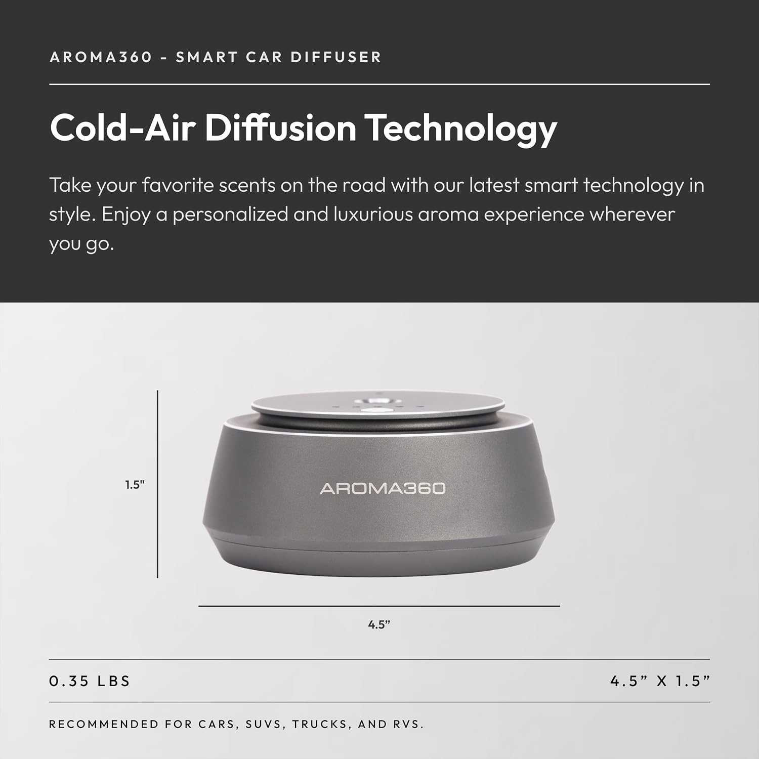 Aroma360 - Smart Car Diffuser - Portable Luxury Essential Oil Diffuser for Cars - Auto On/Off Feature - Oil Not Included